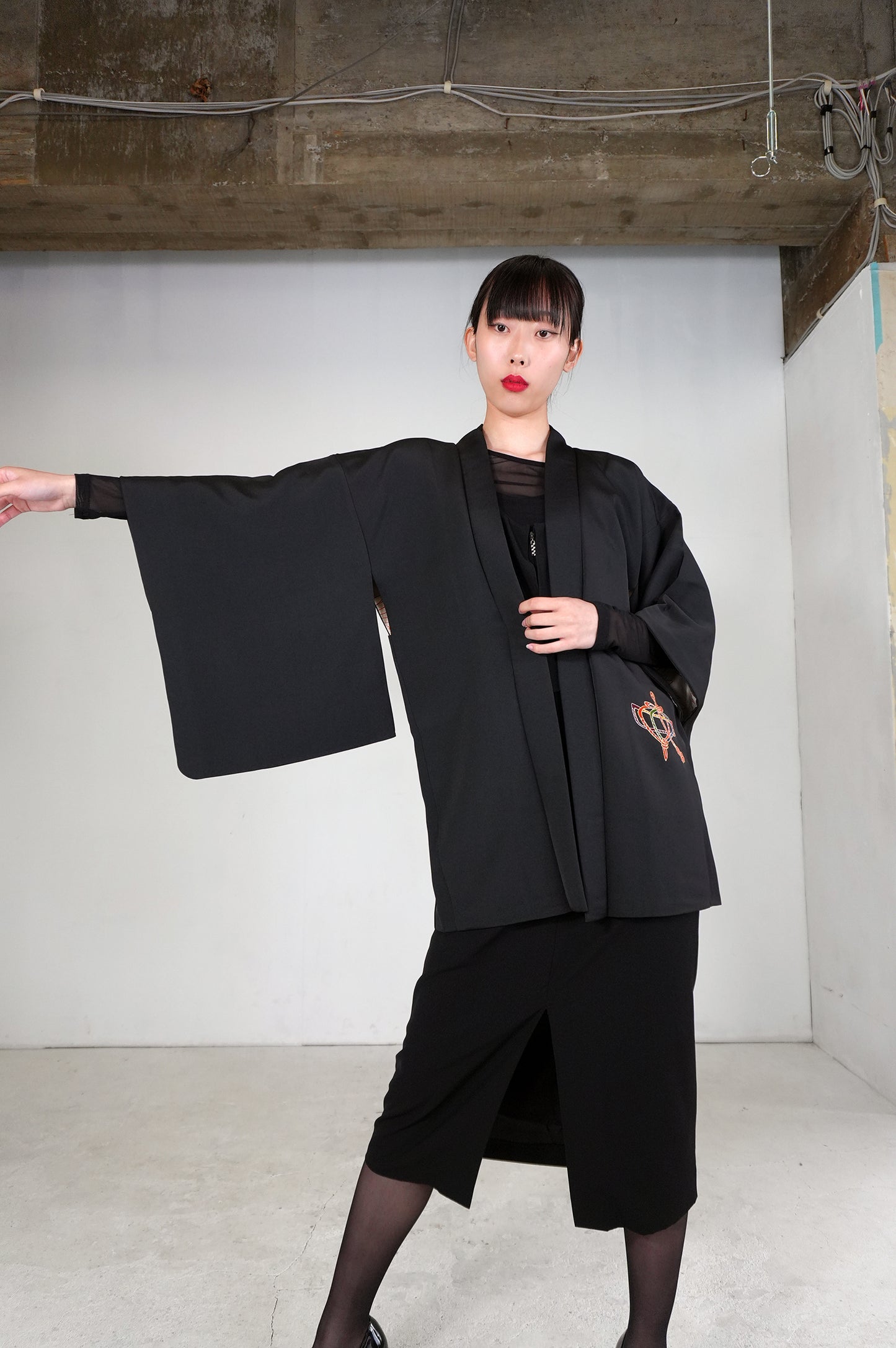 VINTAGE BLACK HAORI  "koma, kumihimo, BLK173" *damage