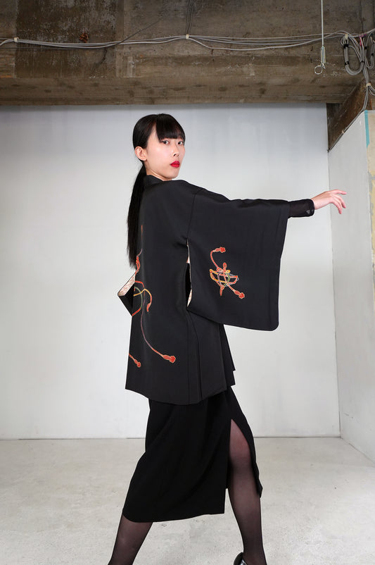 VINTAGE BLACK HAORI  "koma, kumihimo, BLK173" *damage