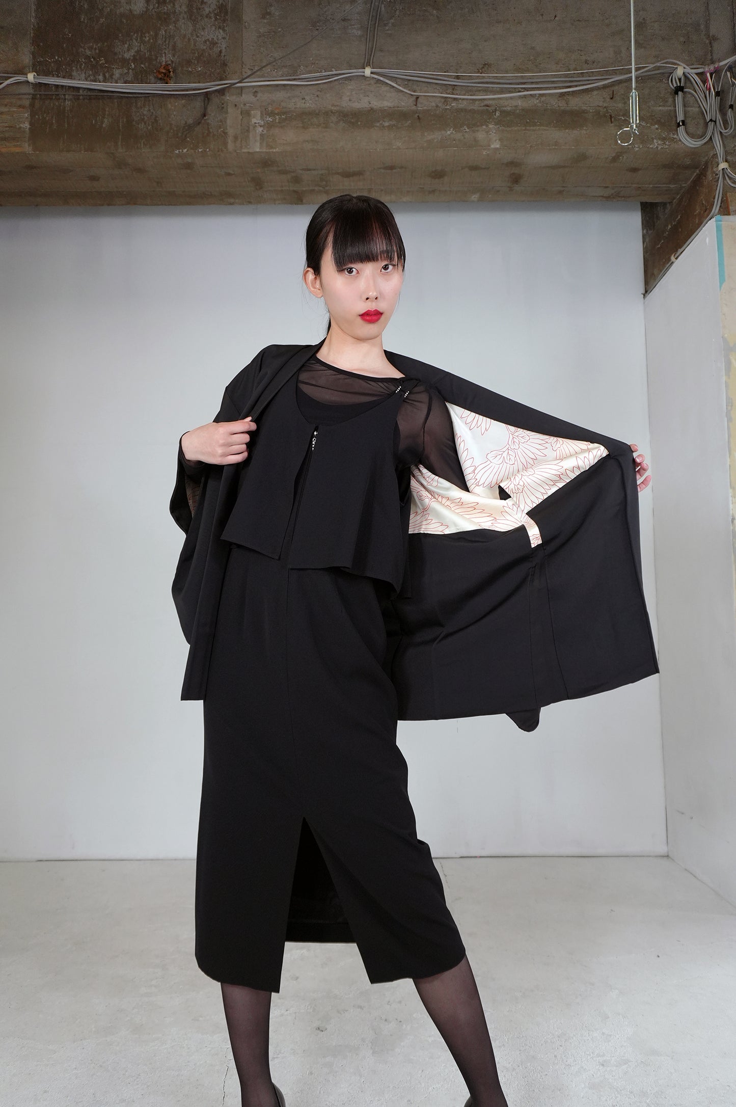 VINTAGE BLACK HAORI  "koma, kumihimo, BLK173" *damage