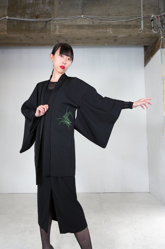 VINTAGE BLACK HAORI  "green, hanaguruma, BLK176" *damage