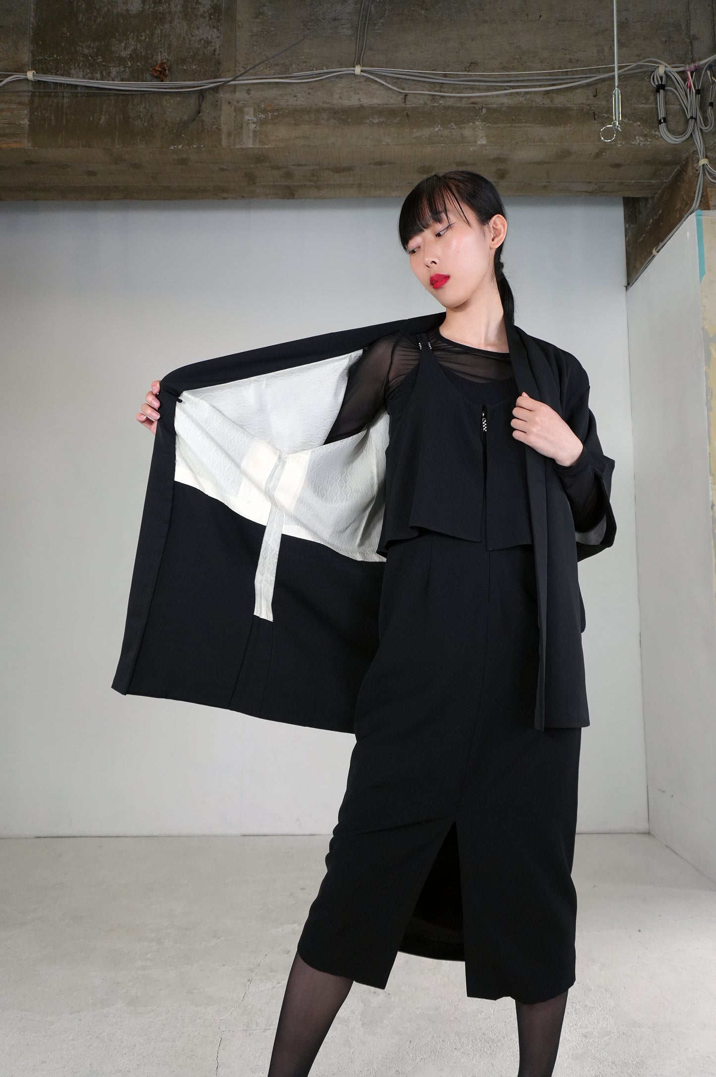 VINTAGE BLACK HAORI  "green, hanaguruma, BLK176" *damage