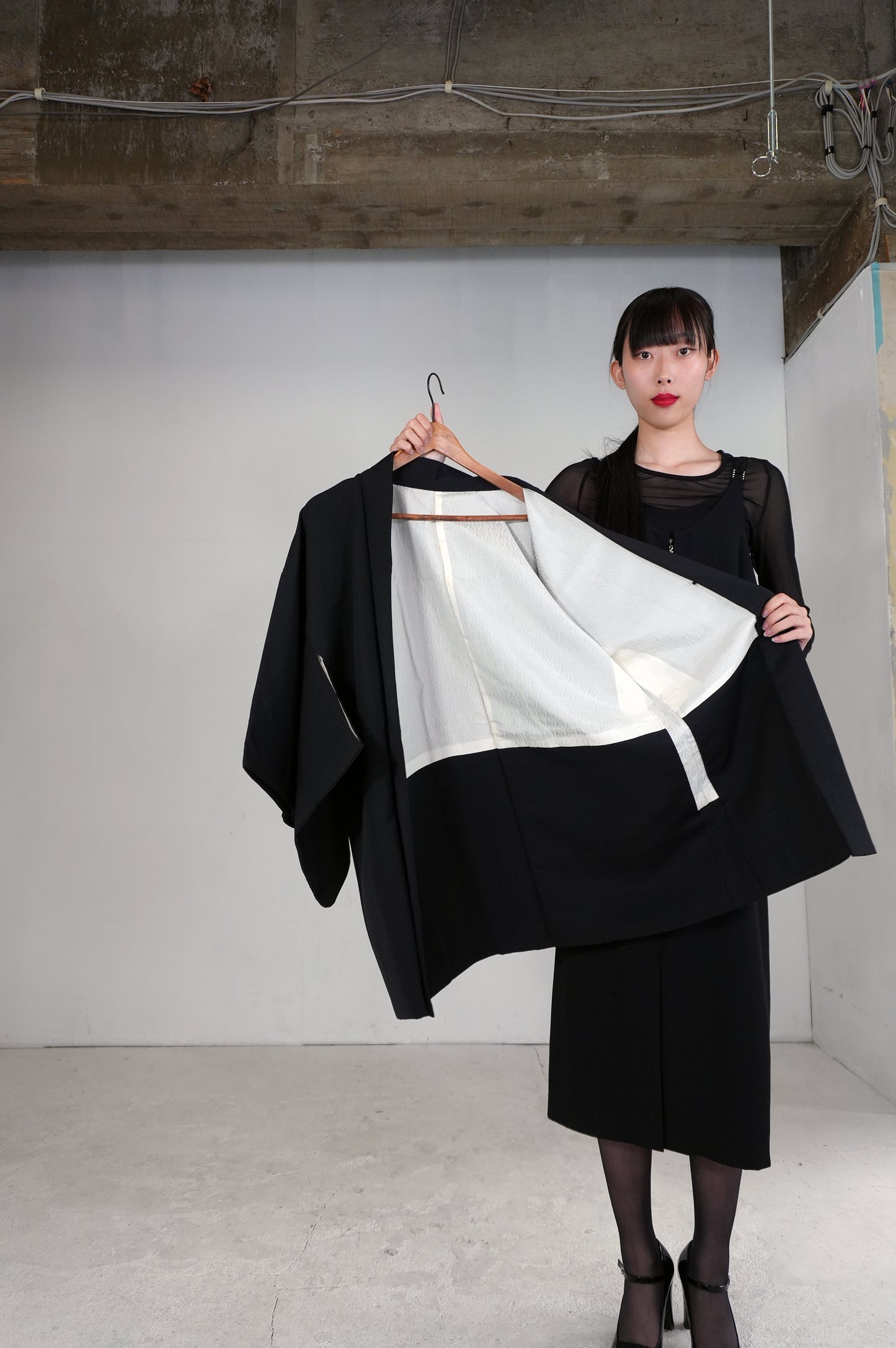 VINTAGE BLACK HAORI  "green, hanaguruma, BLK176" *damage
