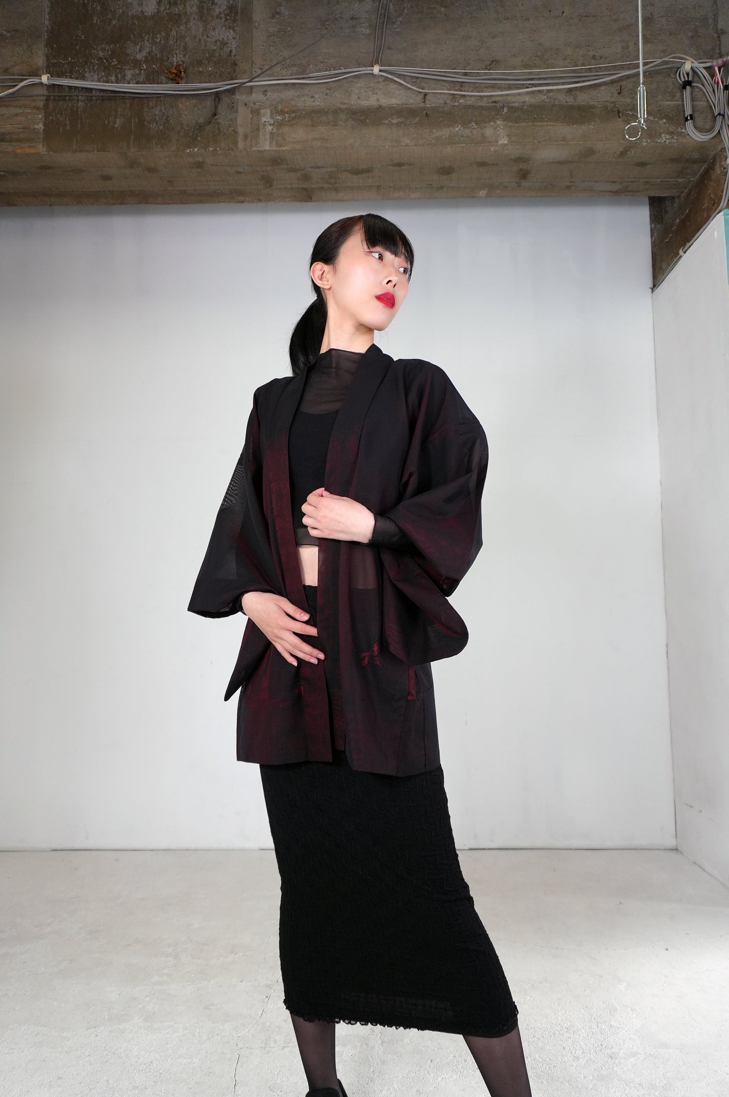 VINTAGE BLACK HAORI SHEER “sha, inside-red, butterfly, SHH026"
