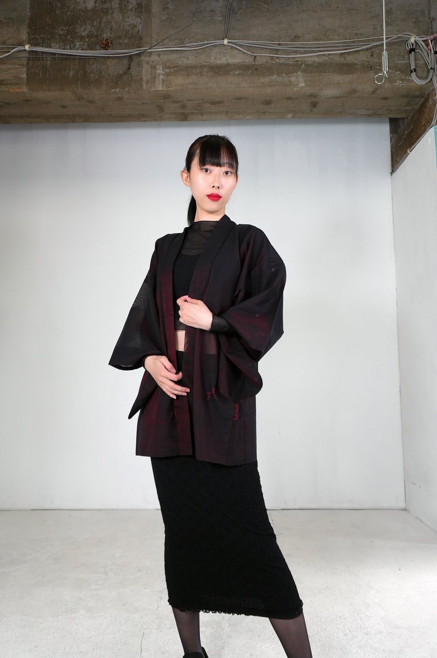 VINTAGE BLACK HAORI SHEER “sha, inside-red, butterfly, SHH026"