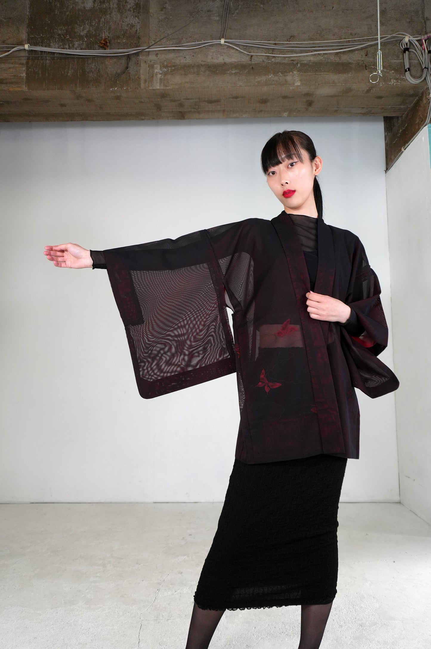 VINTAGE BLACK HAORI SHEER “sha, inside-red, butterfly, SHH026"