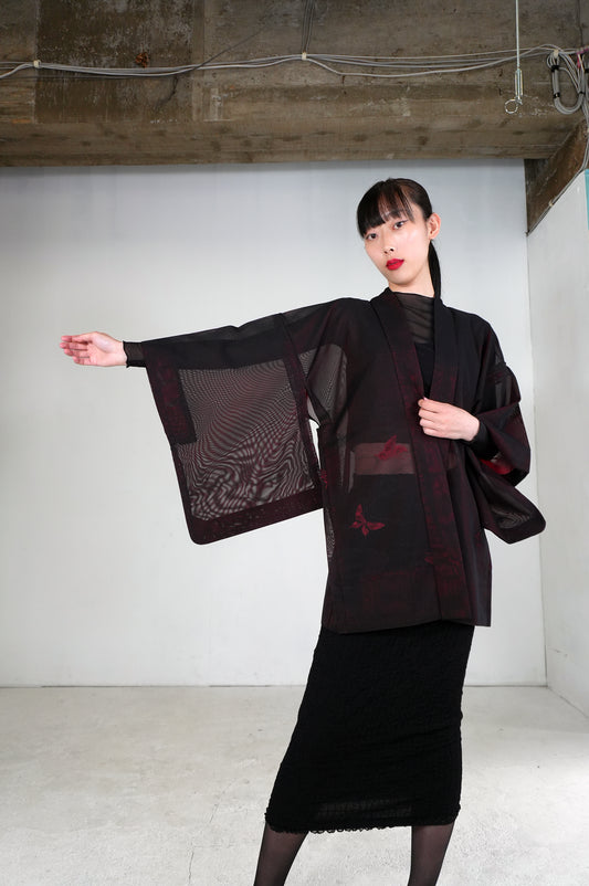 VINTAGE BLACK HAORI SHEER “sha, red, butterfly, SHH026"