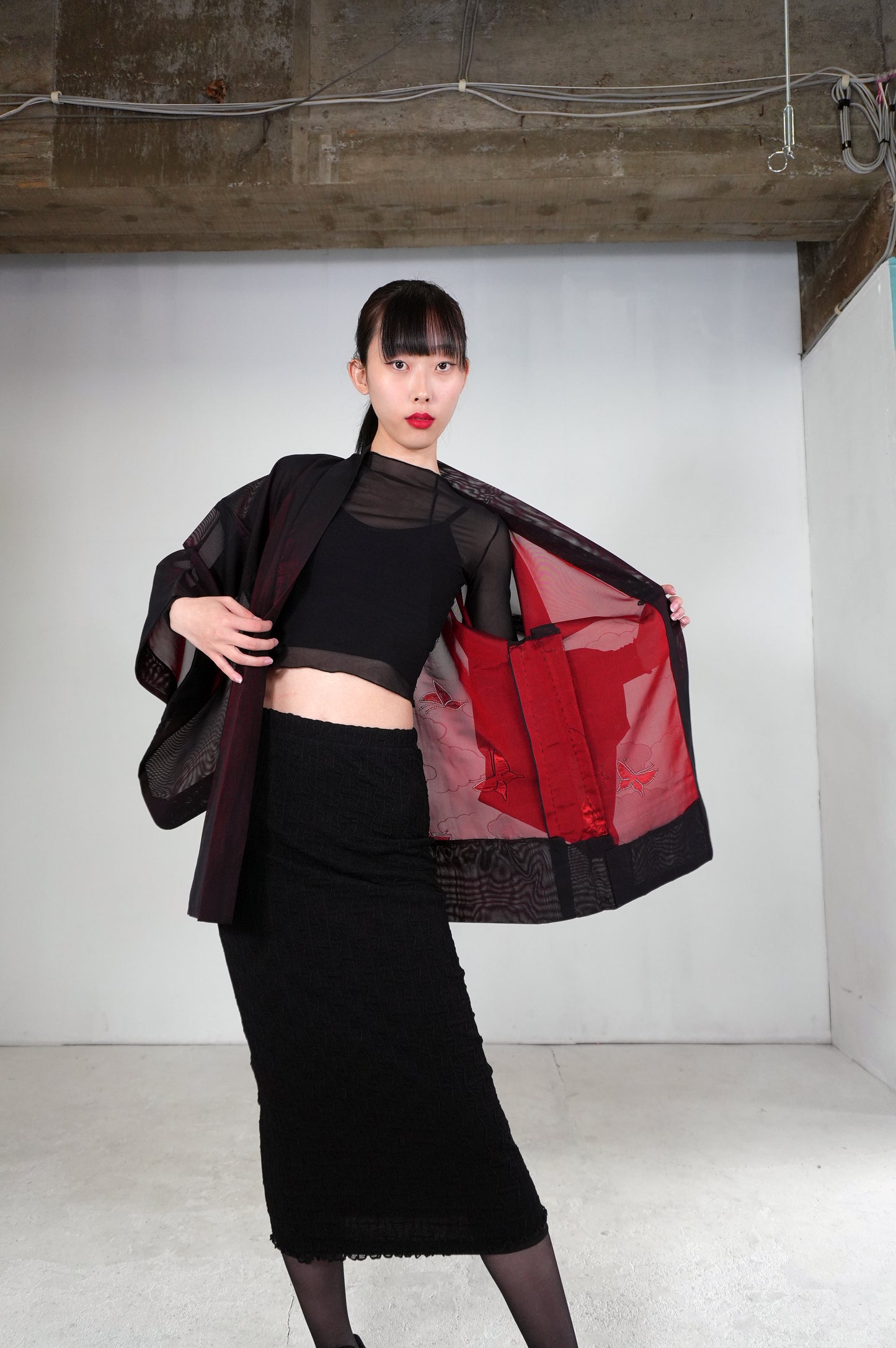 VINTAGE BLACK HAORI SHEER “sha, inside-red, butterfly, SHH026"