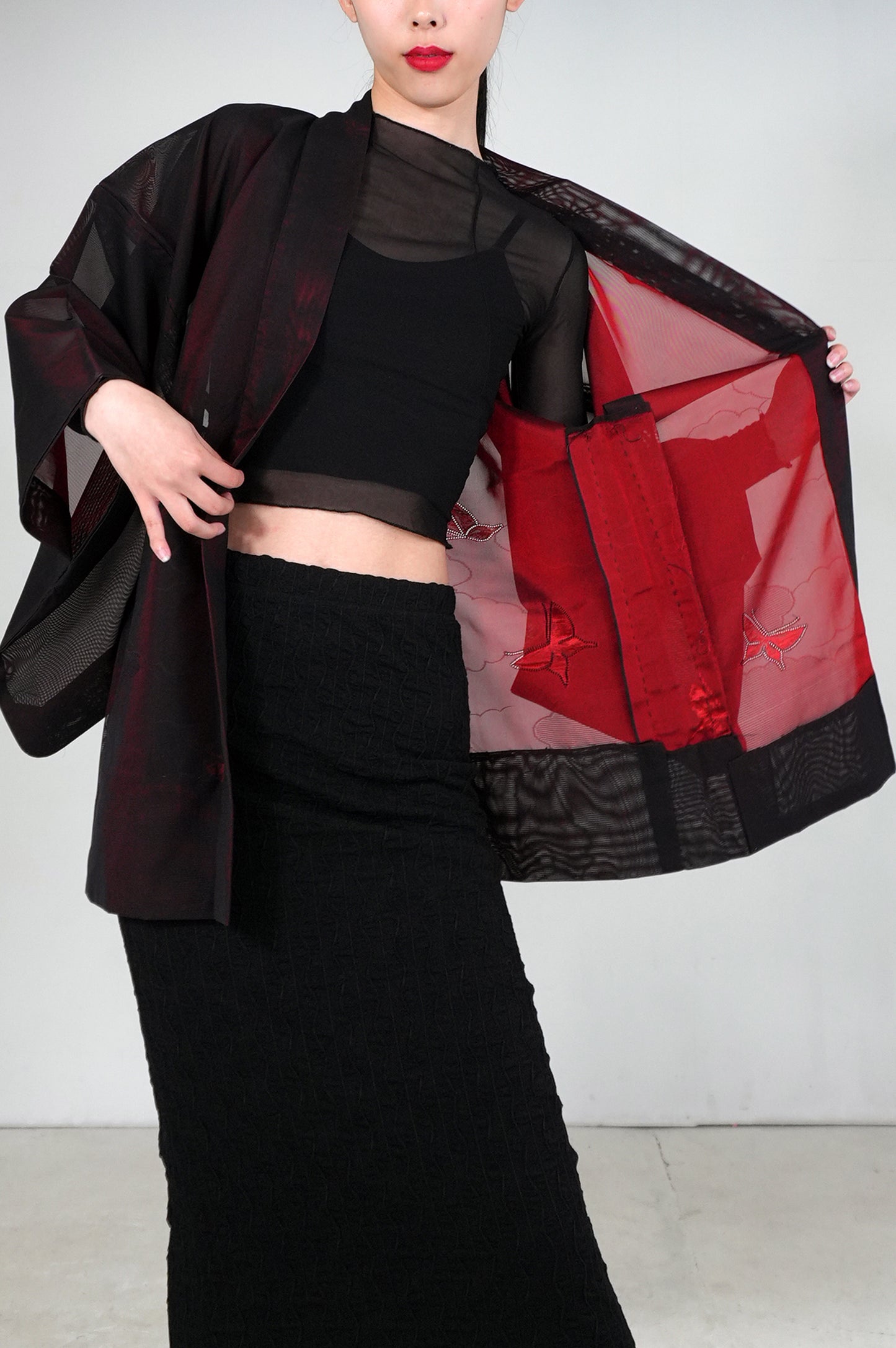 VINTAGE BLACK HAORI SHEER “sha, inside-red, butterfly, SHH026"