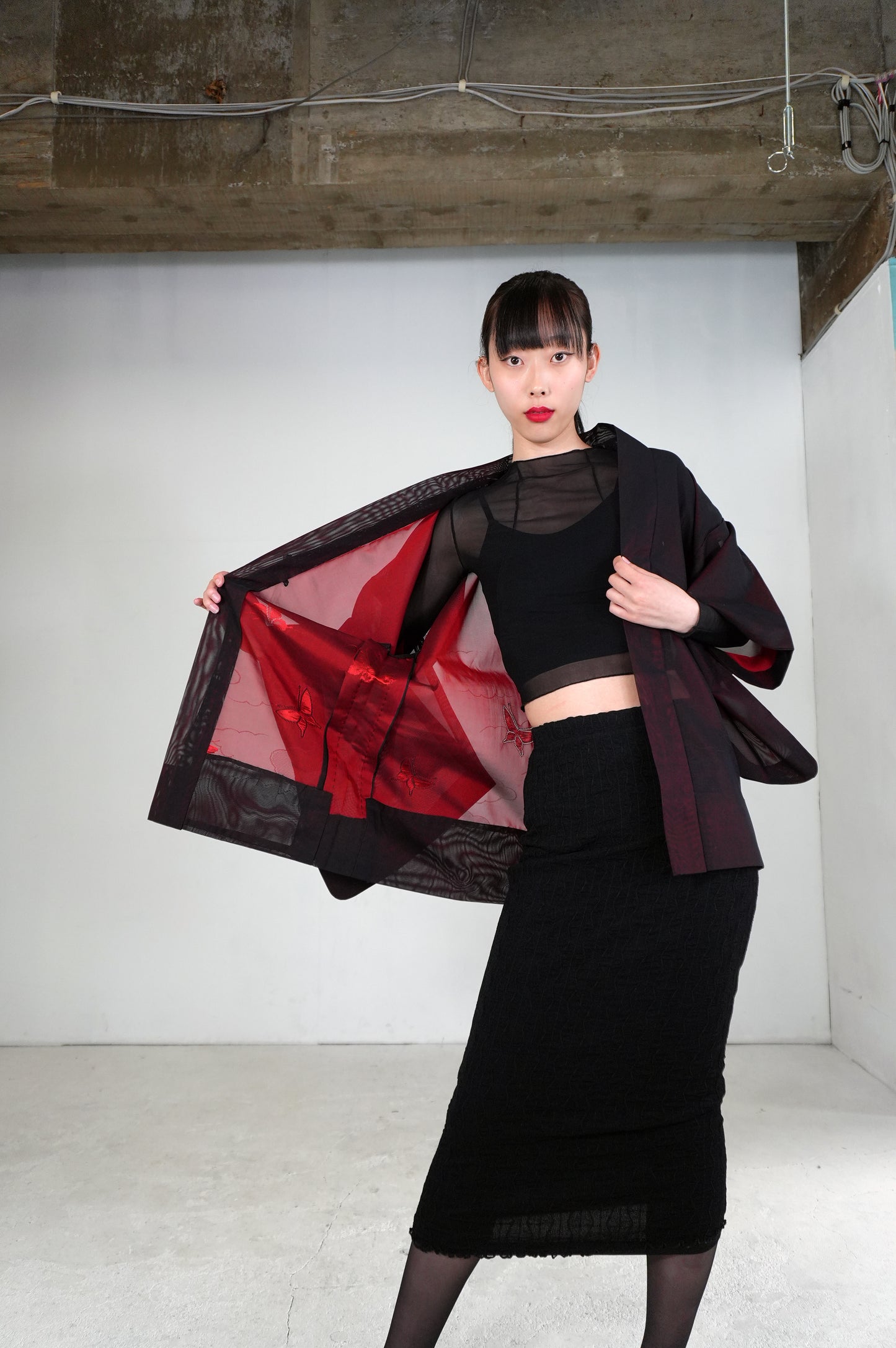 VINTAGE BLACK HAORI SHEER “sha, inside-red, butterfly, SHH026"