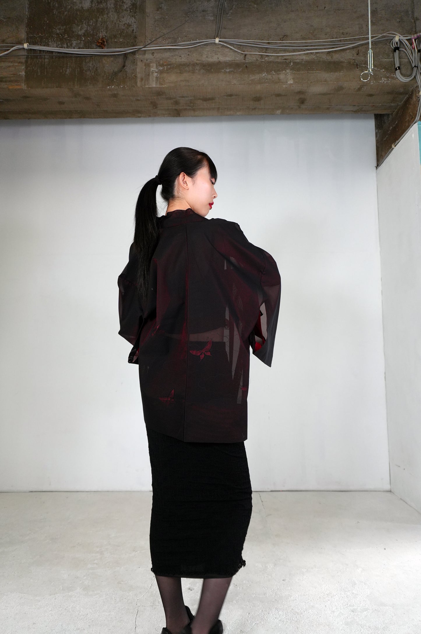 VINTAGE BLACK HAORI SHEER “sha, inside-red, butterfly, SHH026"