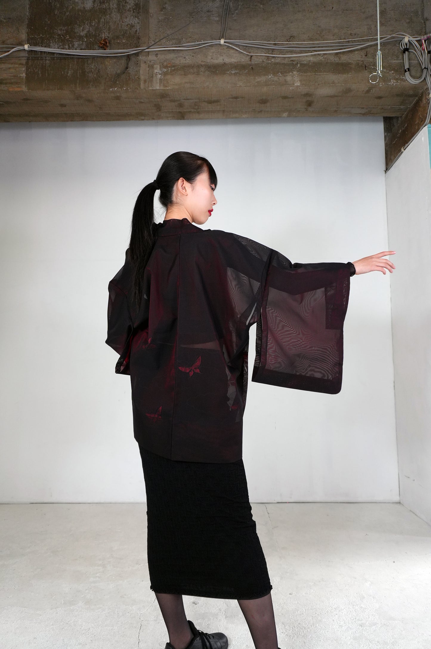 VINTAGE BLACK HAORI SHEER “sha, inside-red, butterfly, SHH026"