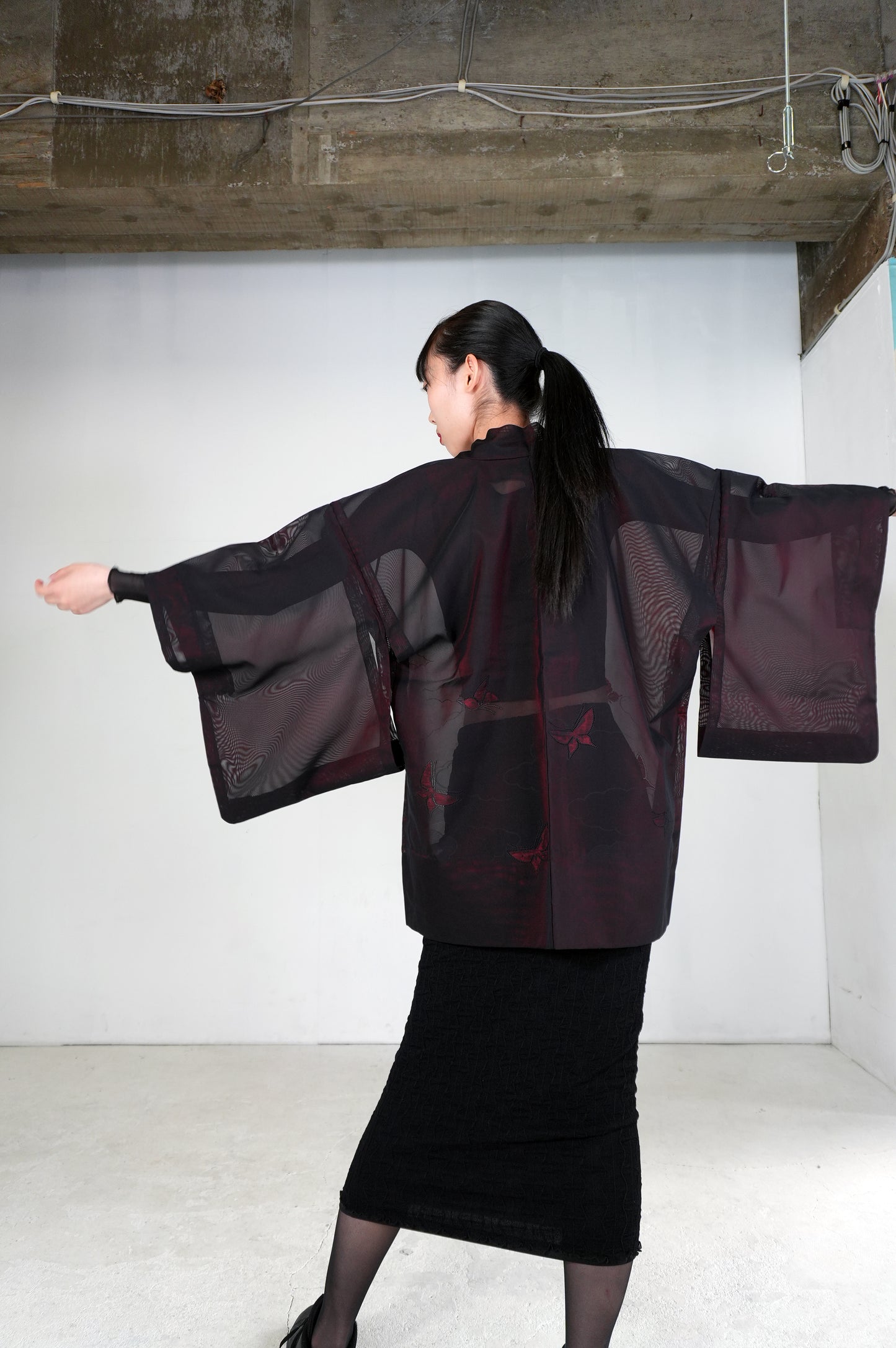VINTAGE BLACK HAORI SHEER “sha, inside-red, butterfly, SHH026"