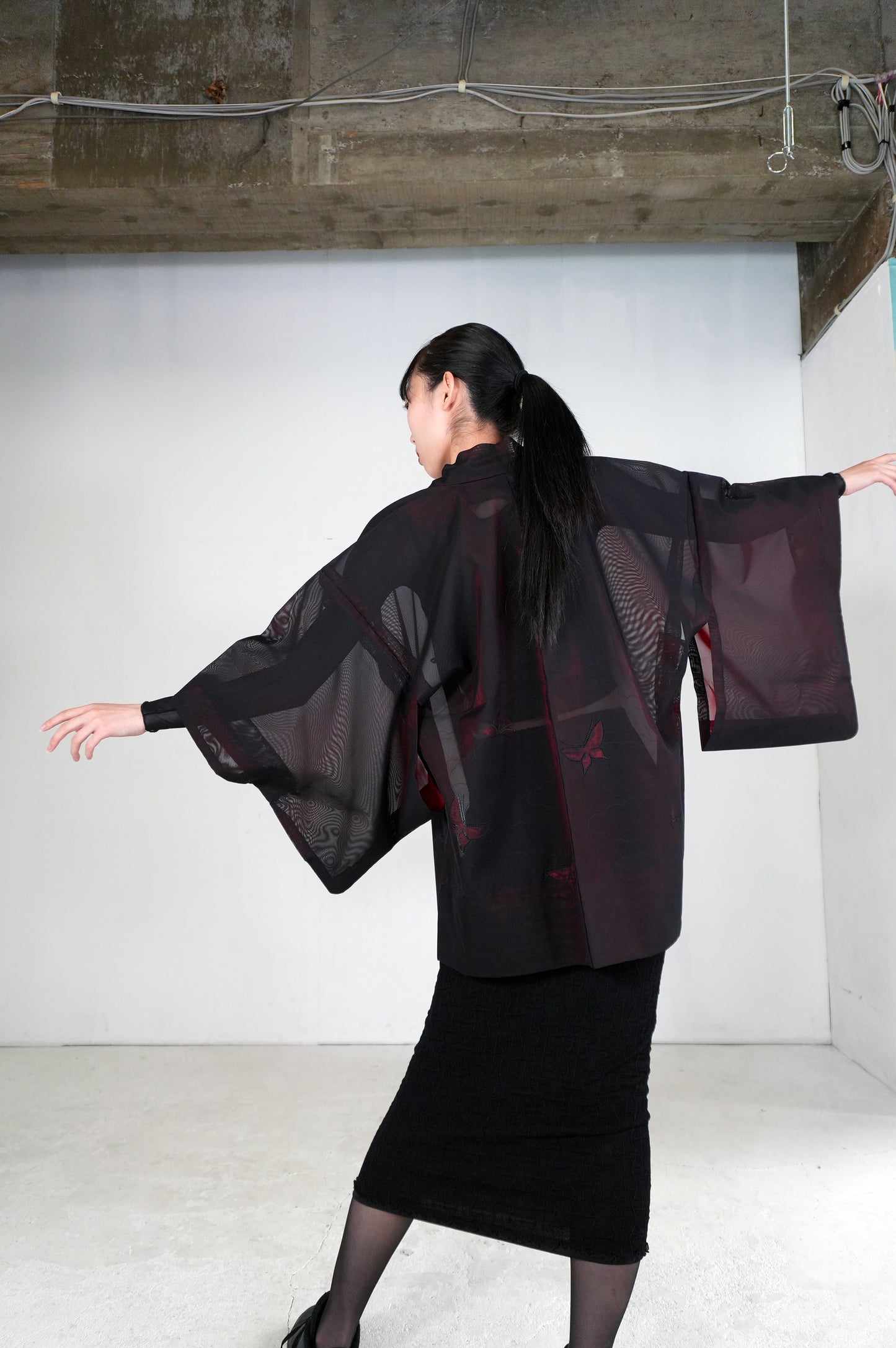 VINTAGE BLACK HAORI SHEER “sha, inside-red, butterfly, SHH026"