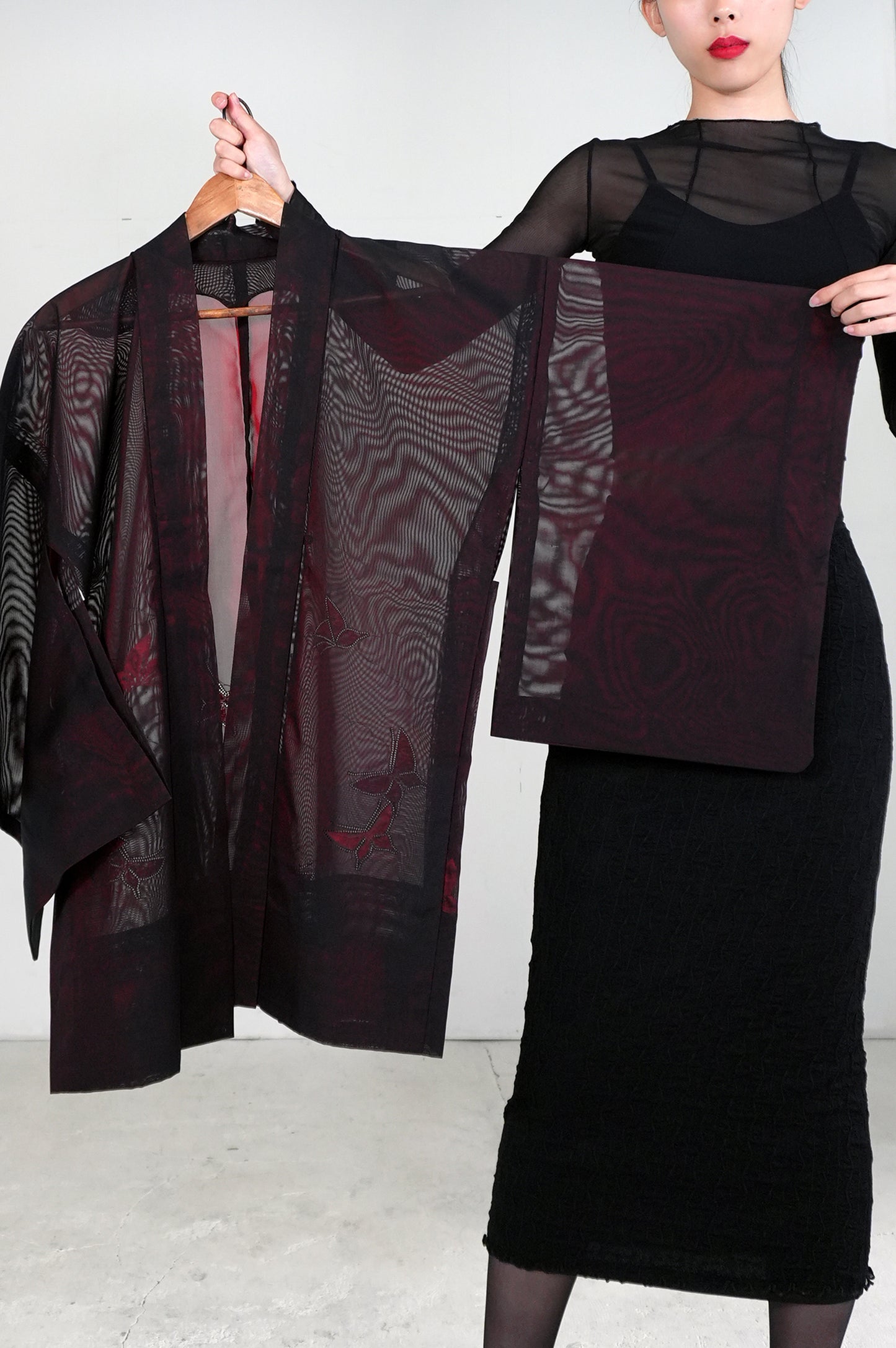 VINTAGE BLACK HAORI SHEER “sha, inside-red, butterfly, SHH026"