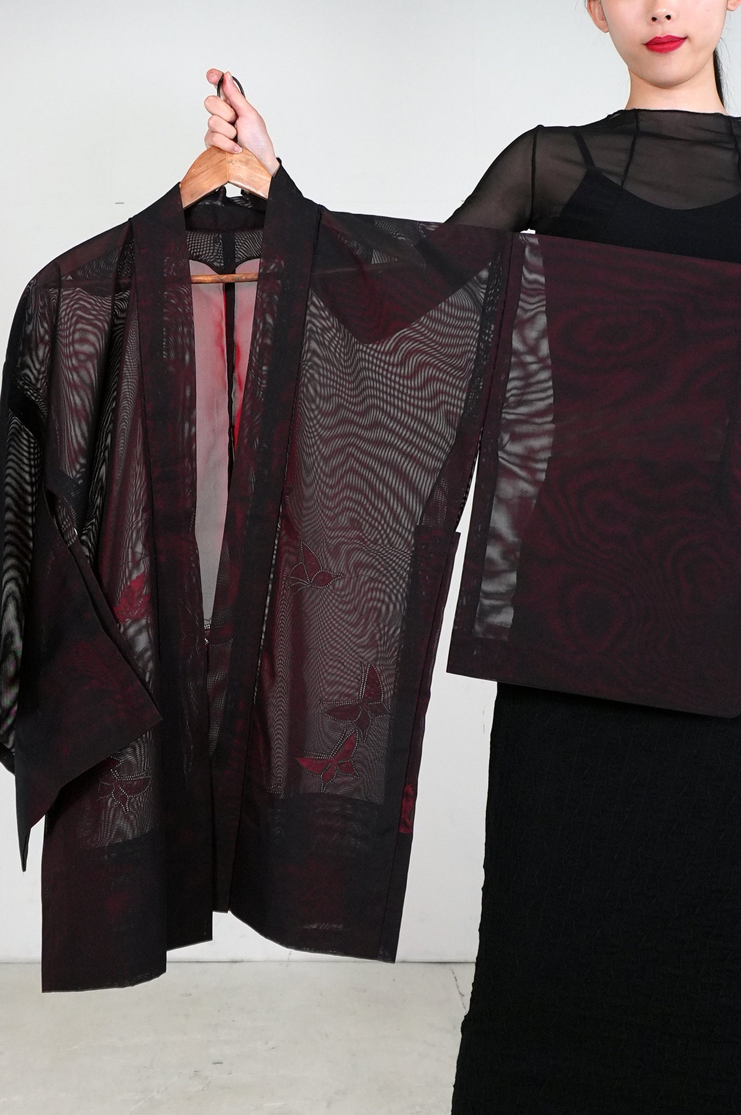 VINTAGE BLACK HAORI SHEER “sha, inside-red, butterfly, SHH026"
