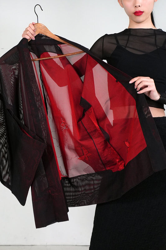 VINTAGE BLACK HAORI SHEER “sha, red, butterfly, SHH026"