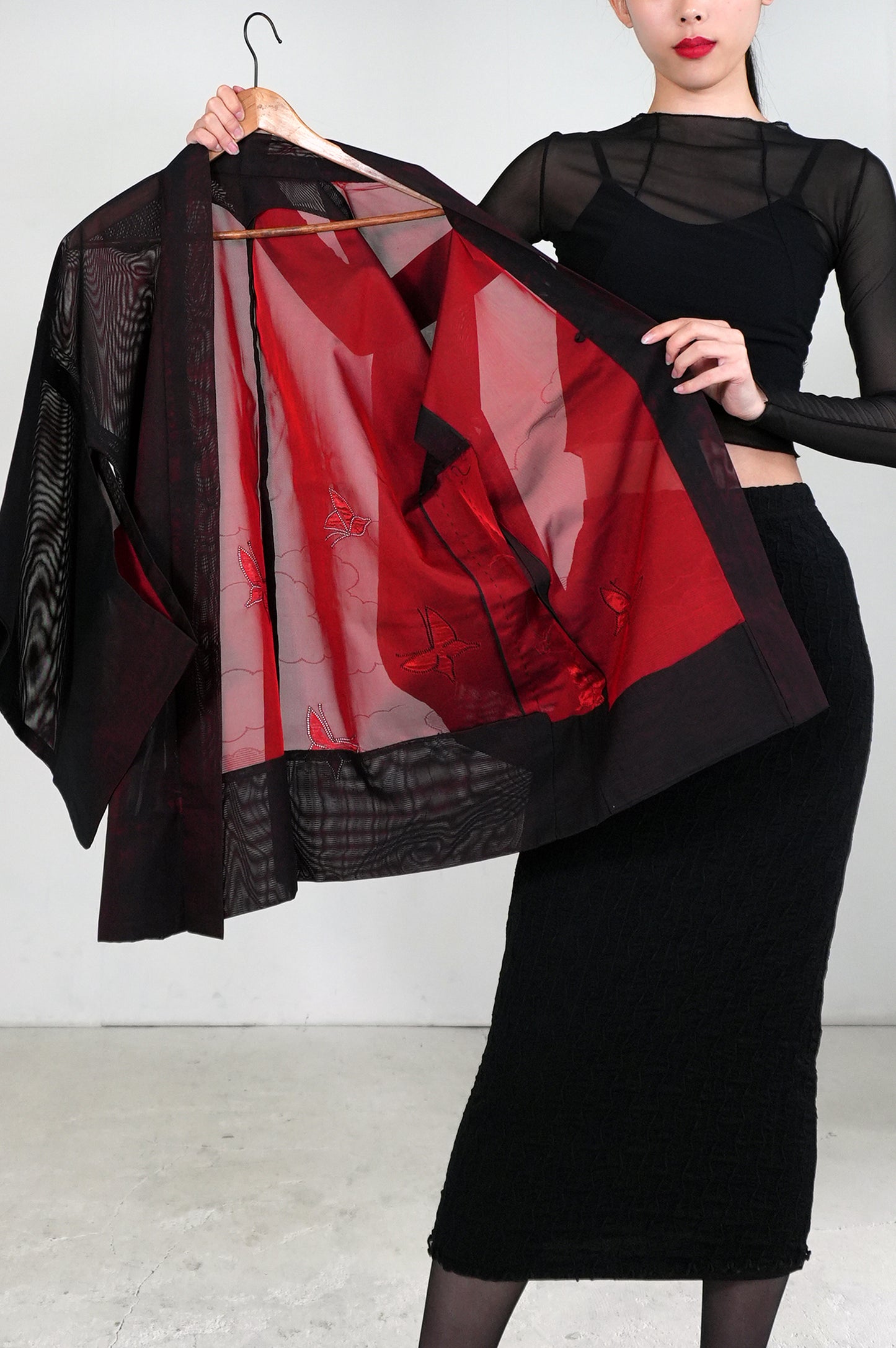 VINTAGE BLACK HAORI SHEER “sha, inside-red, butterfly, SHH026"