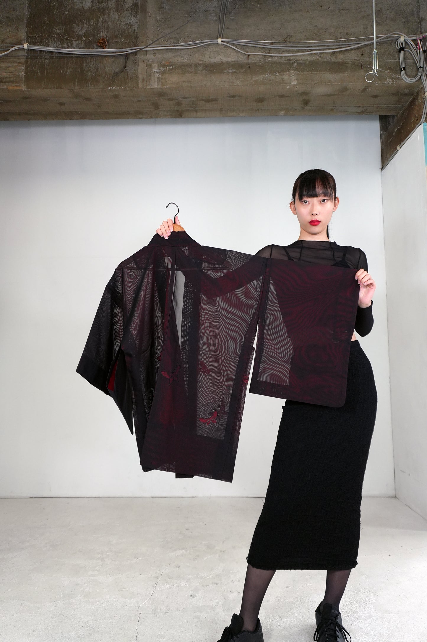 VINTAGE BLACK HAORI SHEER “sha, inside-red, butterfly, SHH026"