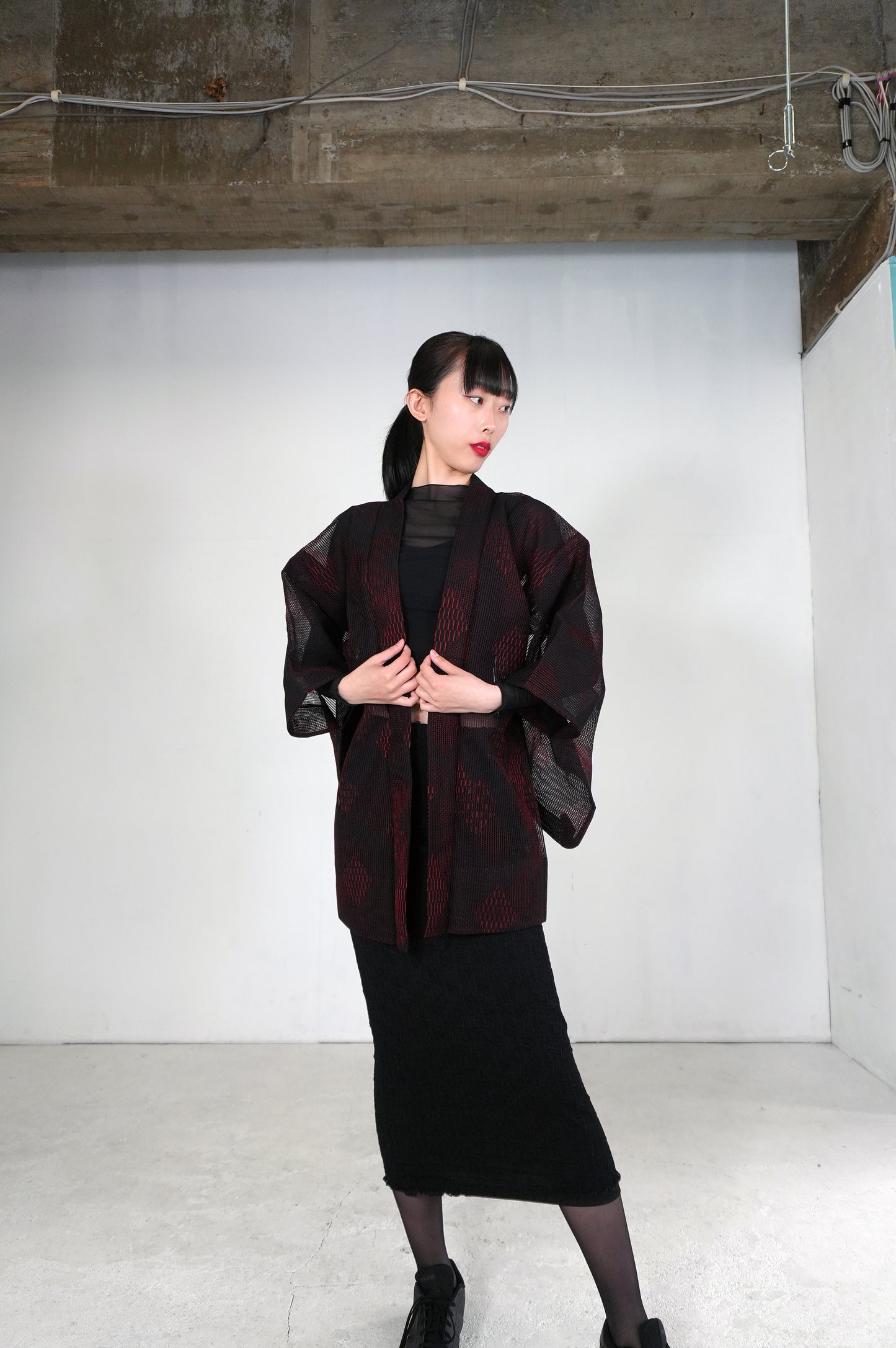 VINTAGE BLACK HAORI SHEER "ara-sha, hishi, red, SHH027"