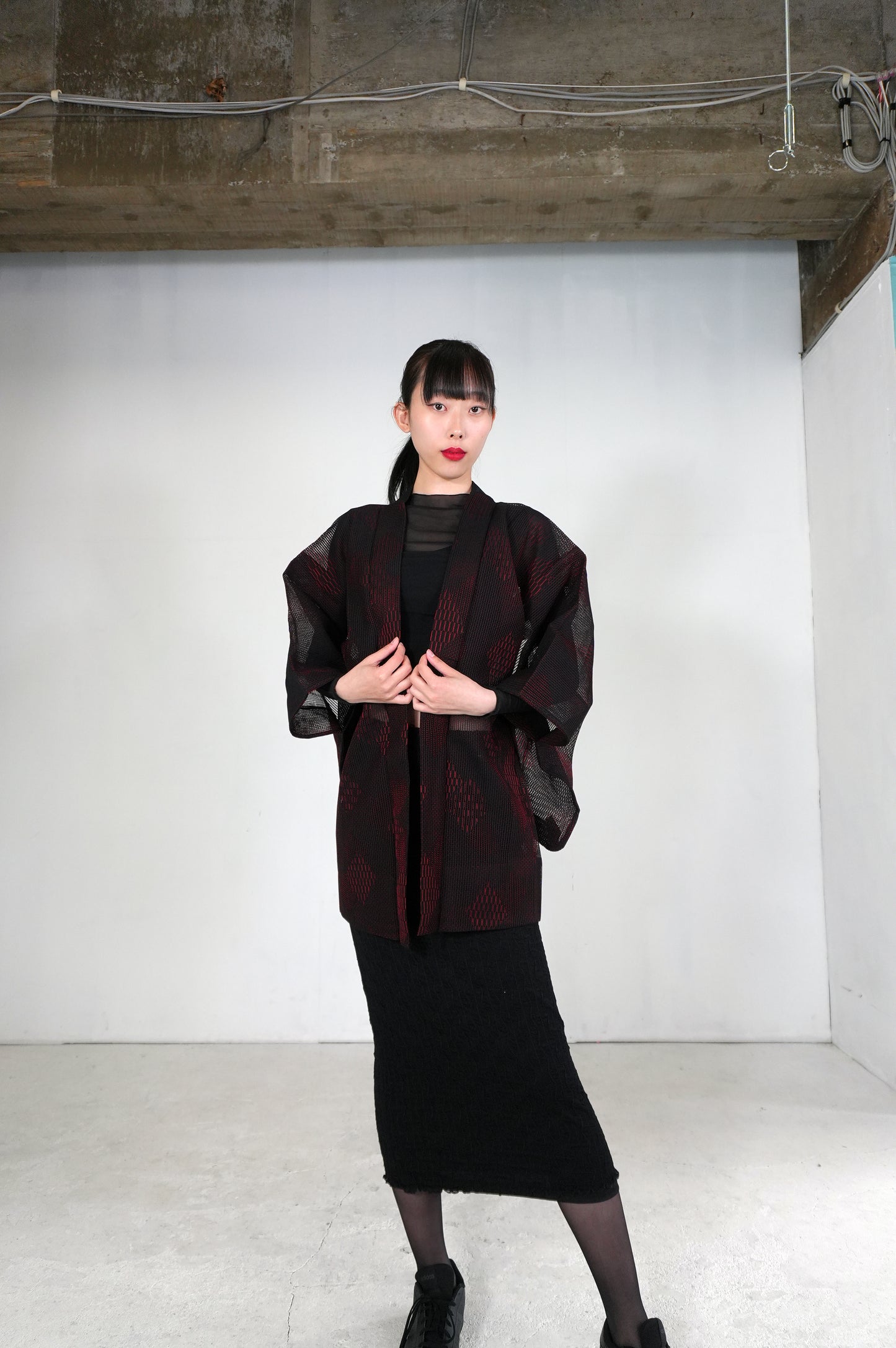 VINTAGE BLACK HAORI SHEER "ara-sha, hishi, red, SHH027"