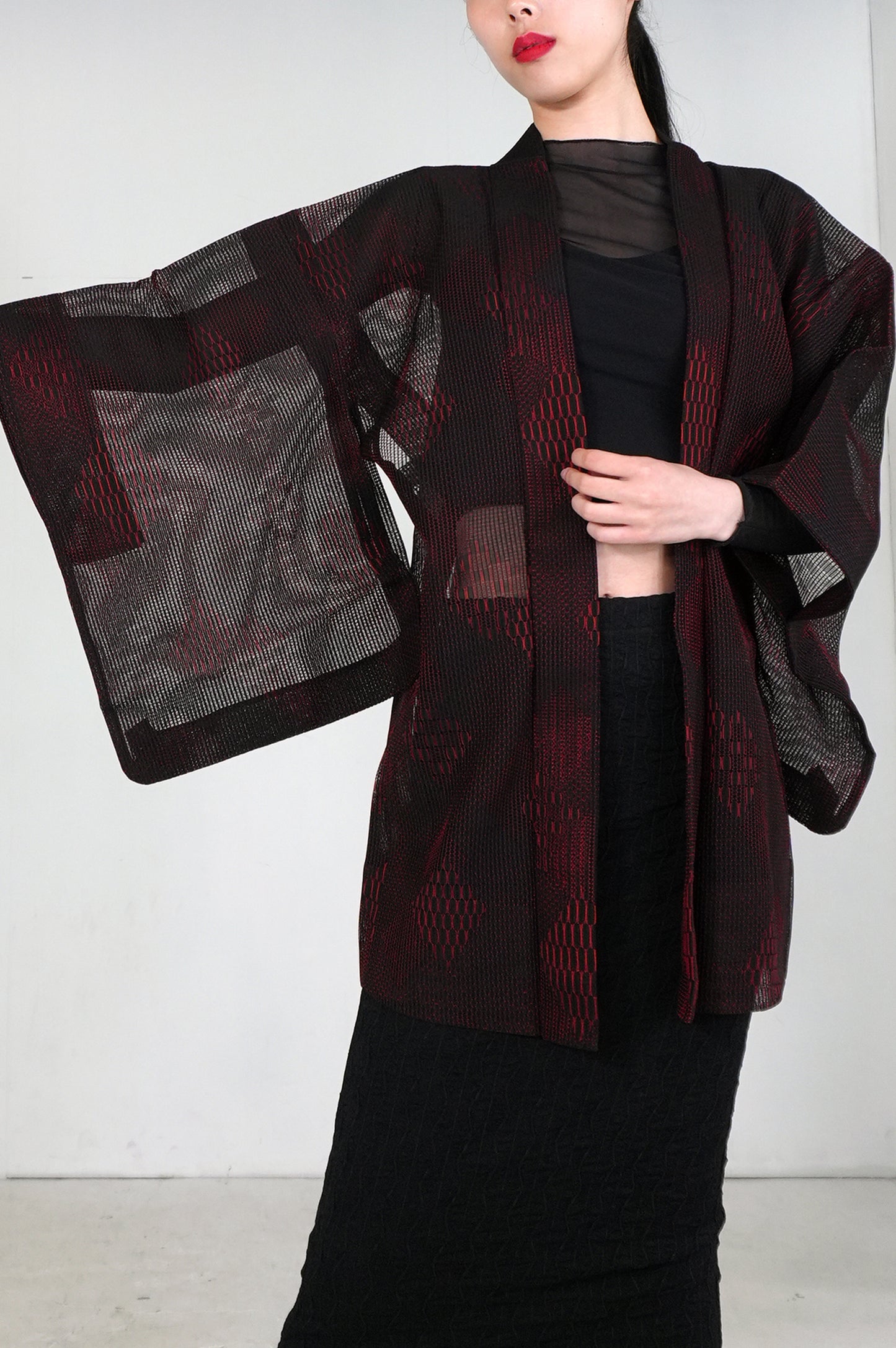VINTAGE BLACK HAORI SHEER "ara-sha, hishi, red, SHH027"