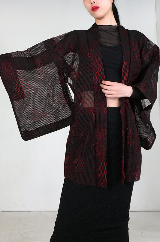 VINTAGE BLACK HAORI SHEER “This fabric is "ara-sha, hishi, red, SHH027"