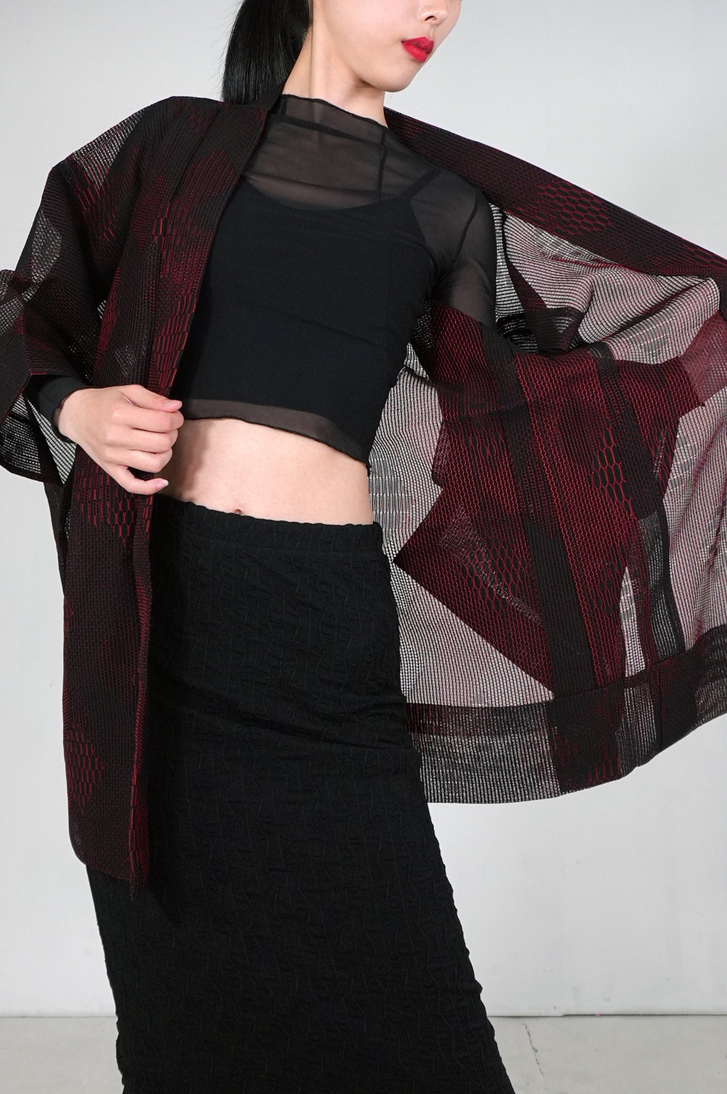 VINTAGE BLACK HAORI SHEER "ara-sha, hishi, red, SHH027"