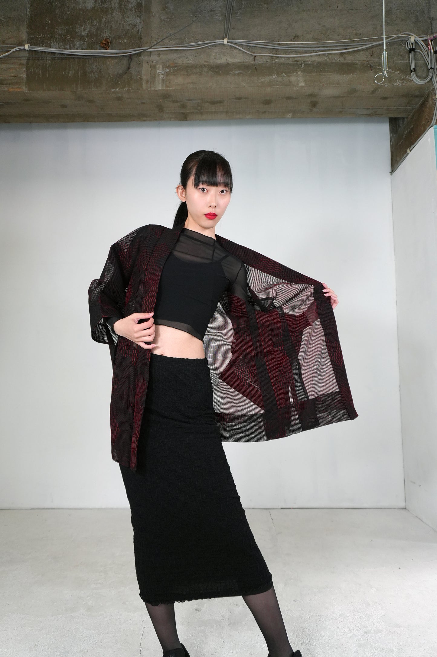 VINTAGE BLACK HAORI SHEER "ara-sha, hishi, red, SHH027"