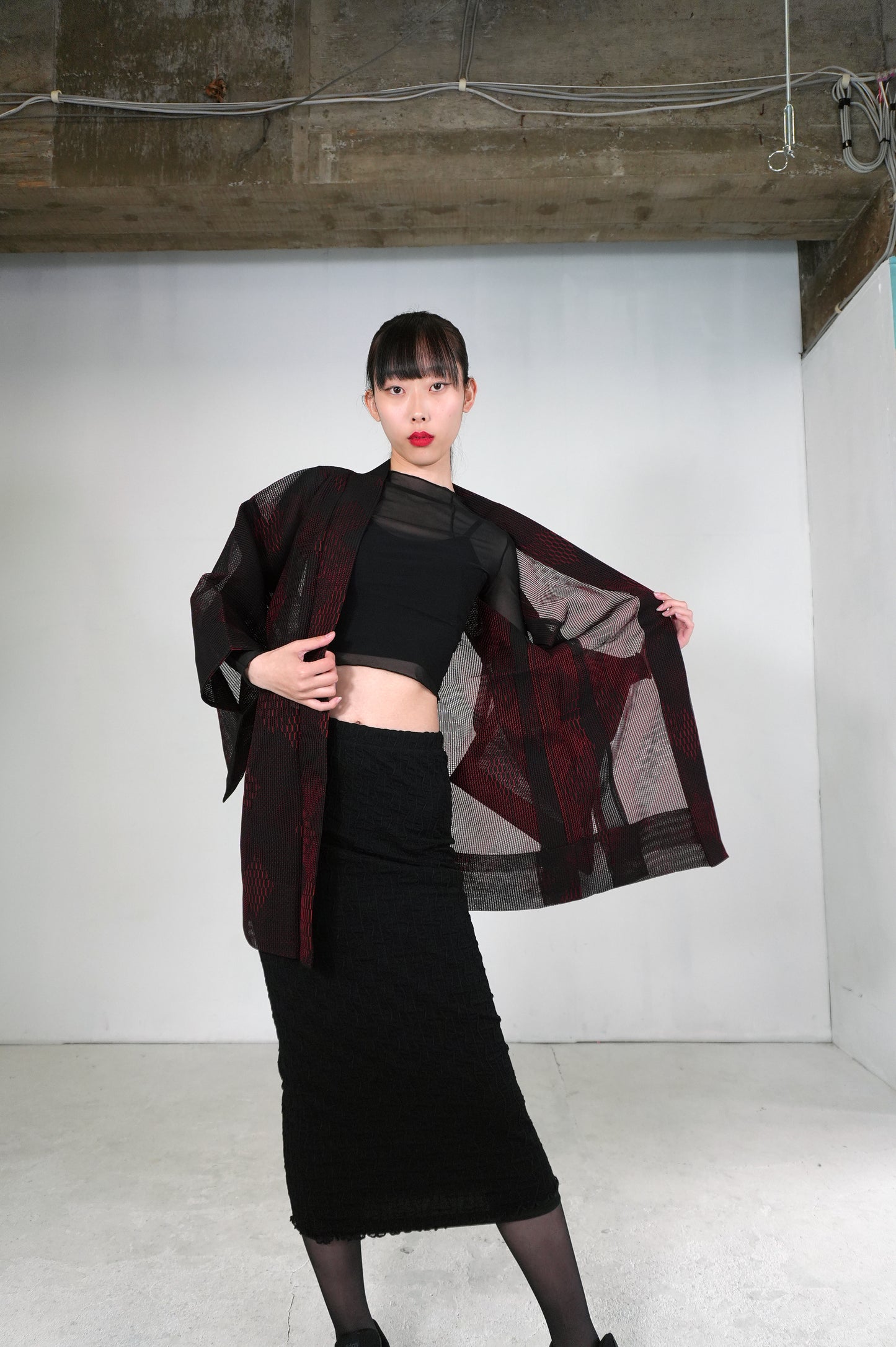 VINTAGE BLACK HAORI SHEER "ara-sha, hishi, red, SHH027"