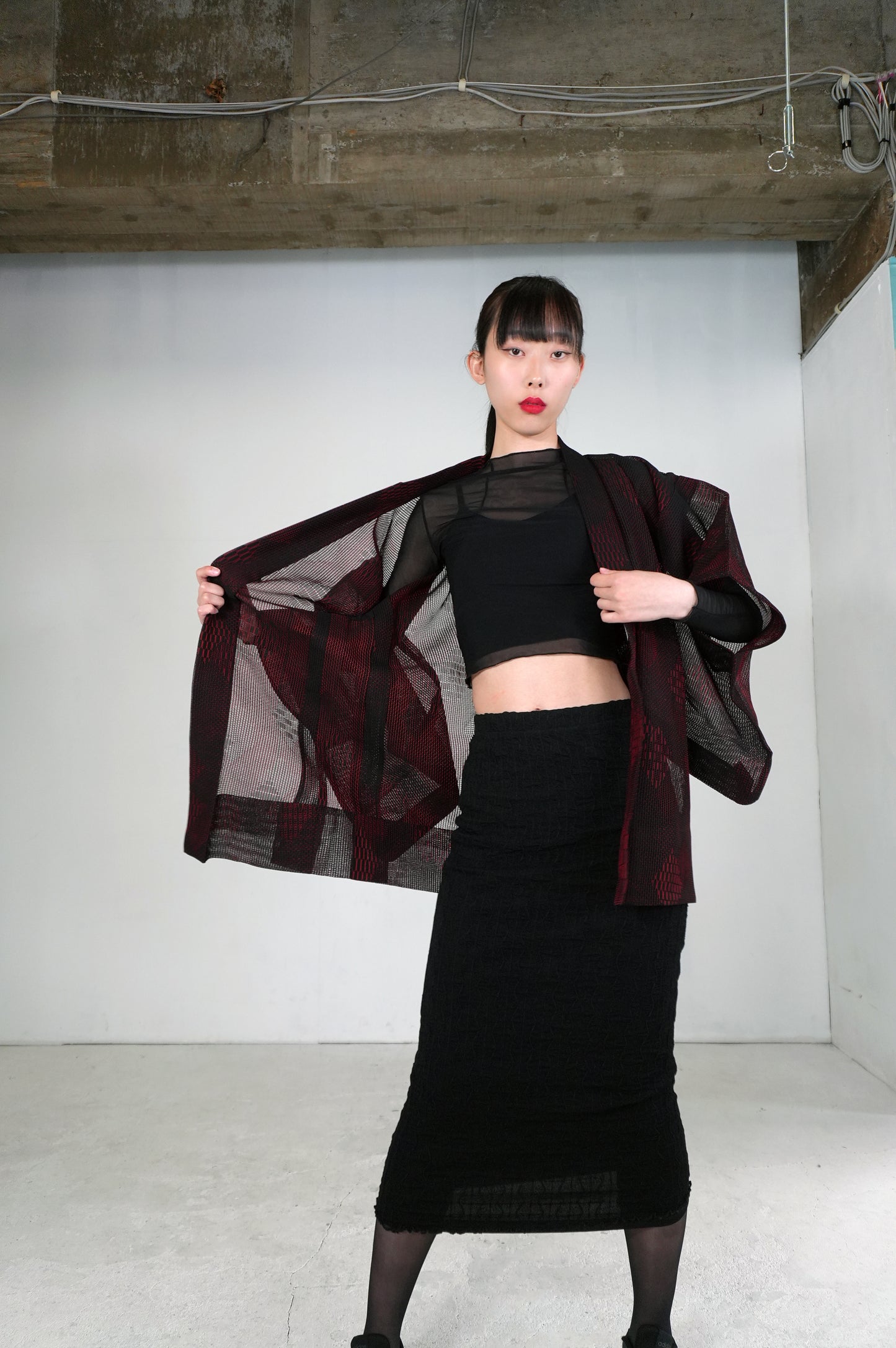 VINTAGE BLACK HAORI SHEER "ara-sha, hishi, red, SHH027"