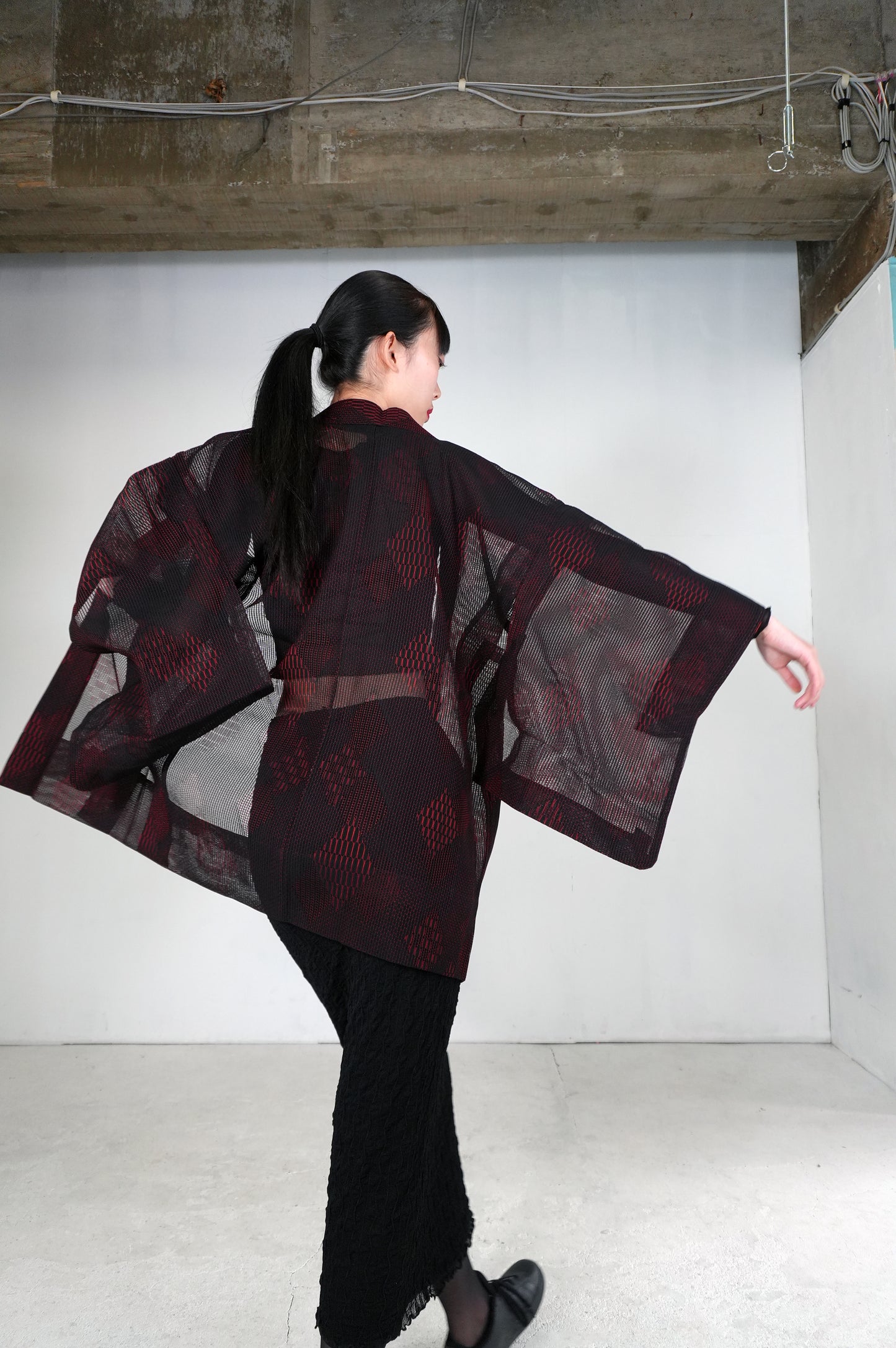 VINTAGE BLACK HAORI SHEER "ara-sha, hishi, red, SHH027"