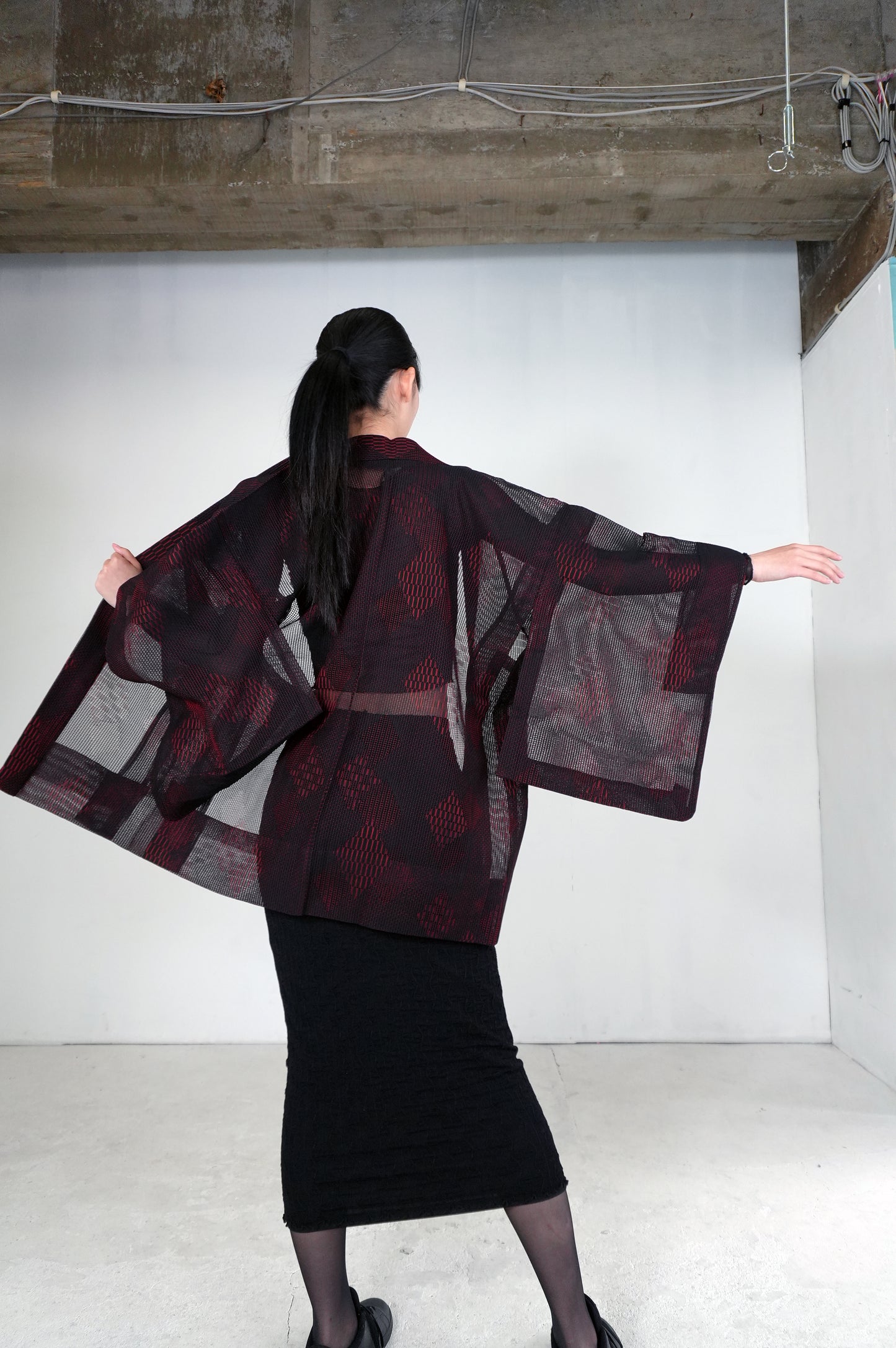 VINTAGE BLACK HAORI SHEER "ara-sha, hishi, red, SHH027"