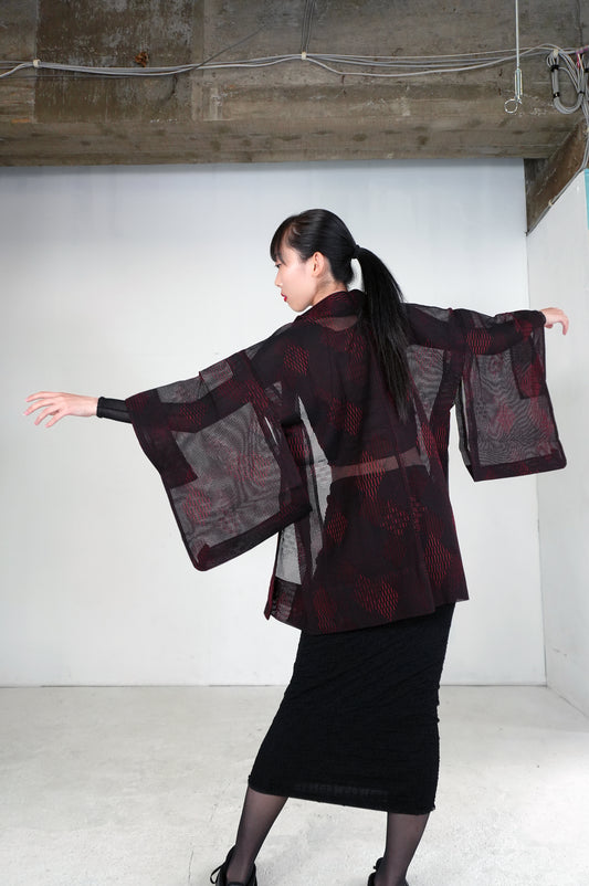 VINTAGE BLACK HAORI SHEER “This fabric is "ara-sha, hishi, red, SHH027"