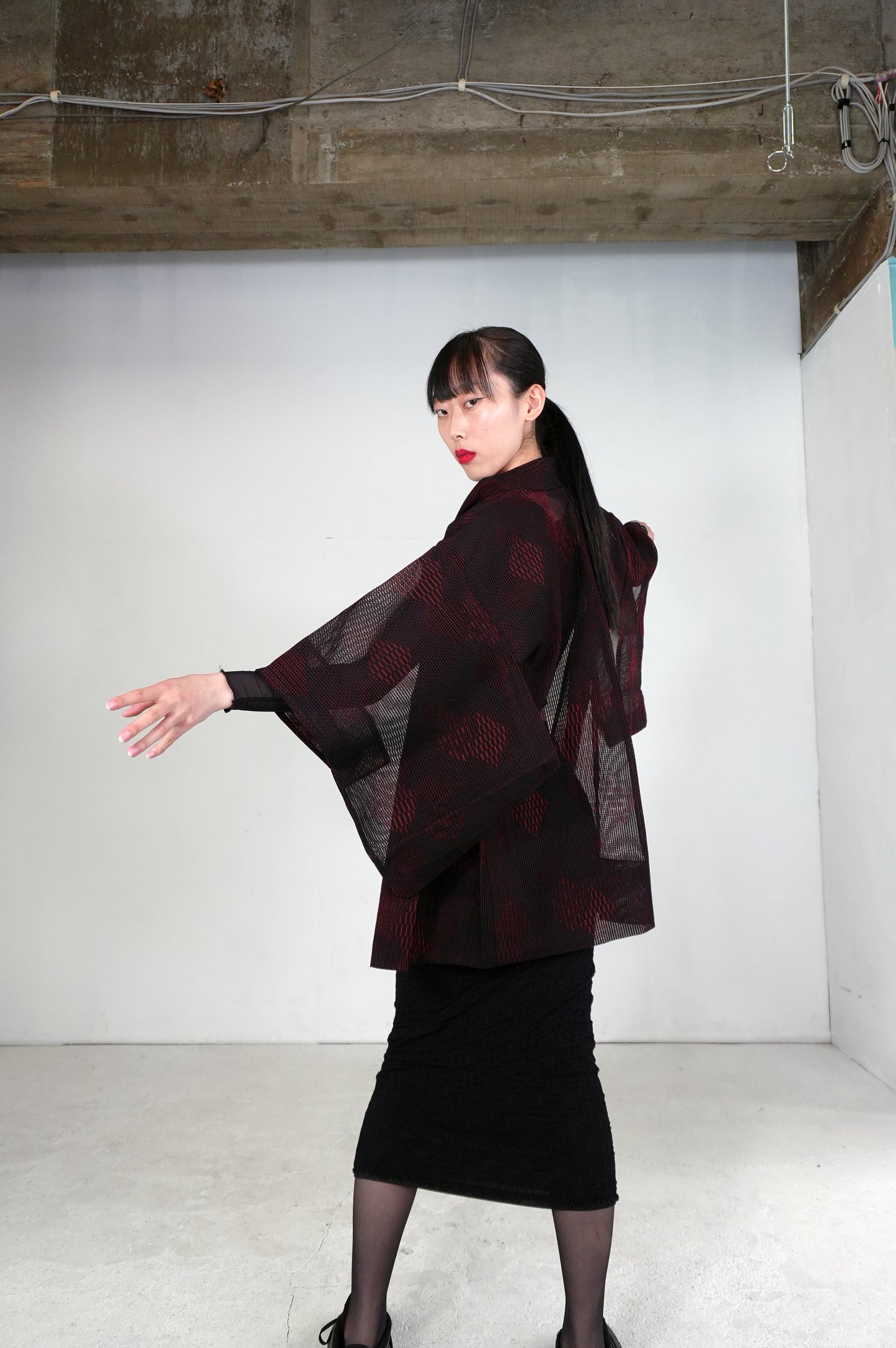 VINTAGE BLACK HAORI SHEER "ara-sha, hishi, red, SHH027"