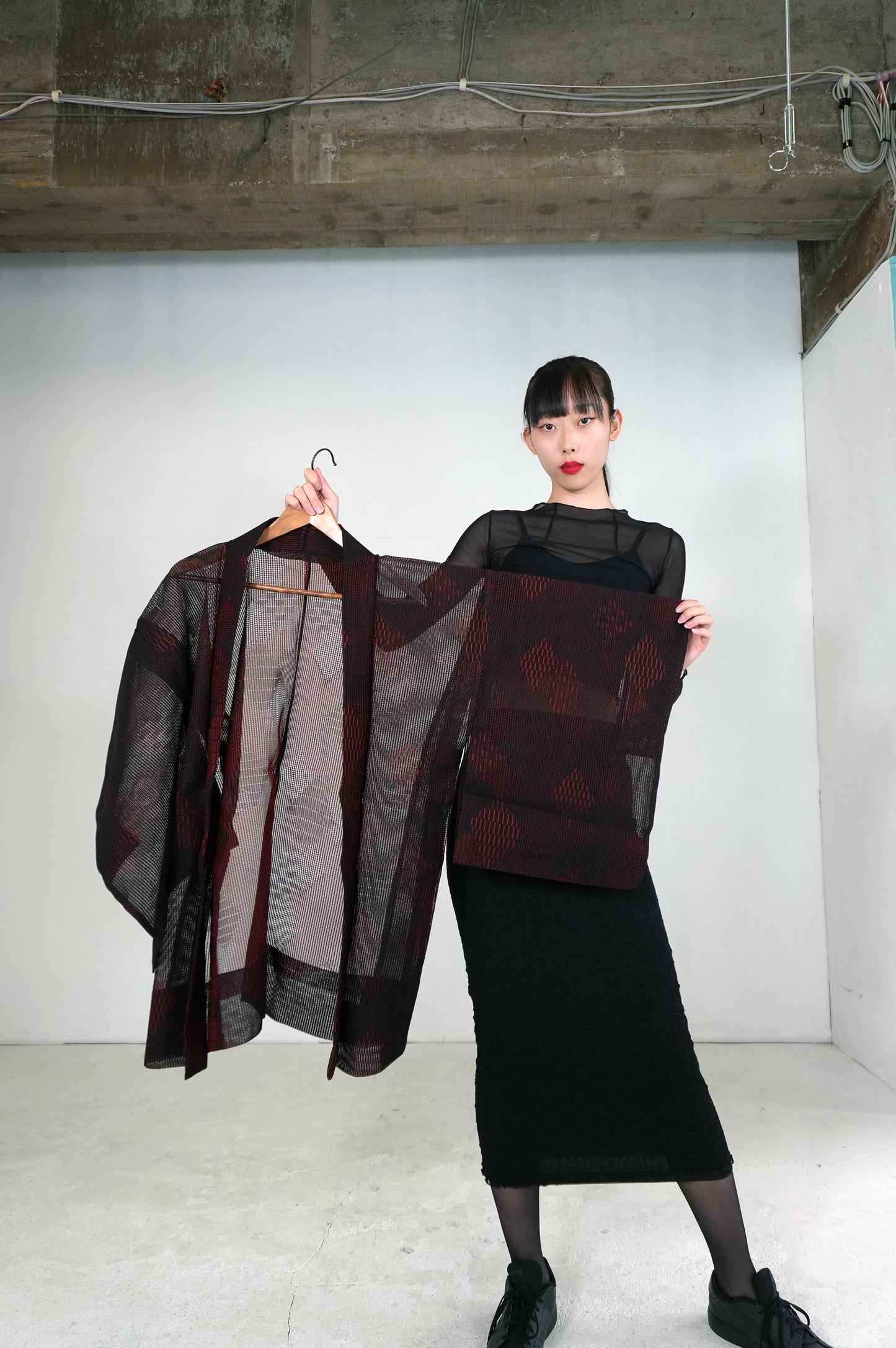 VINTAGE BLACK HAORI SHEER "ara-sha, hishi, red, SHH027"