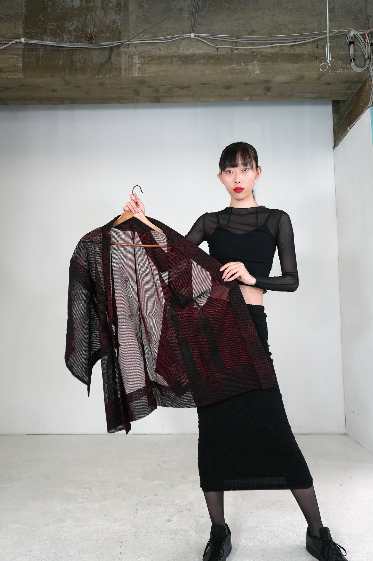 VINTAGE BLACK HAORI SHEER "ara-sha, hishi, red, SHH027"