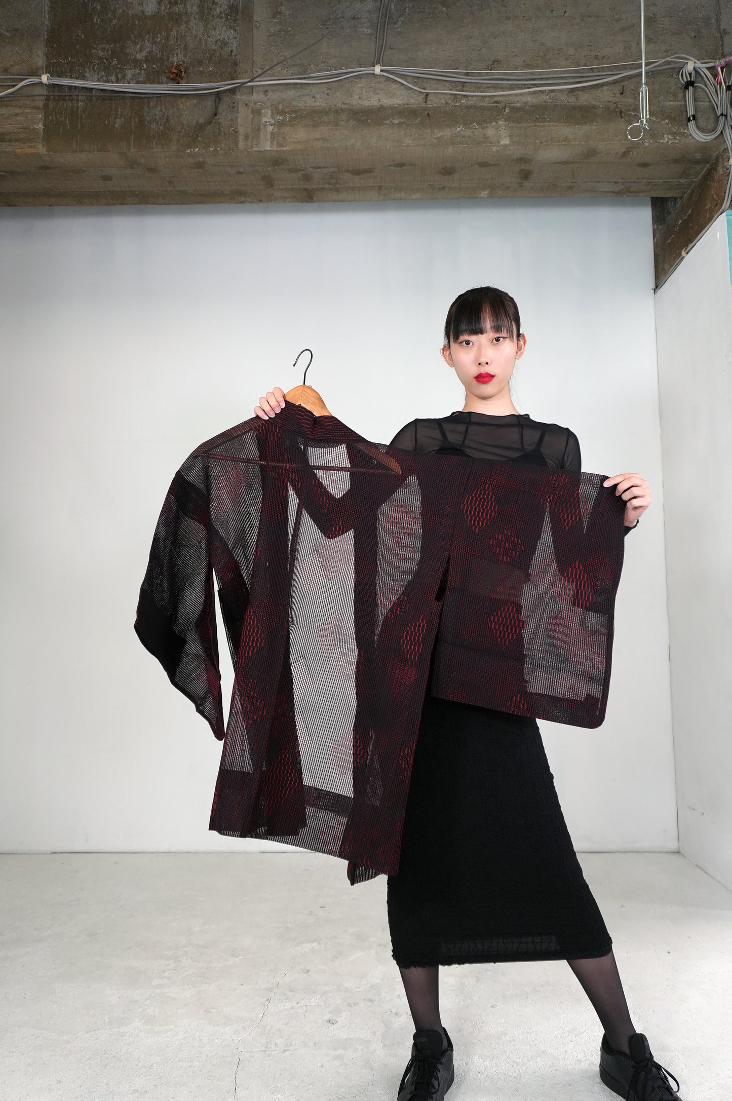 VINTAGE BLACK HAORI SHEER "ara-sha, hishi, red, SHH027"