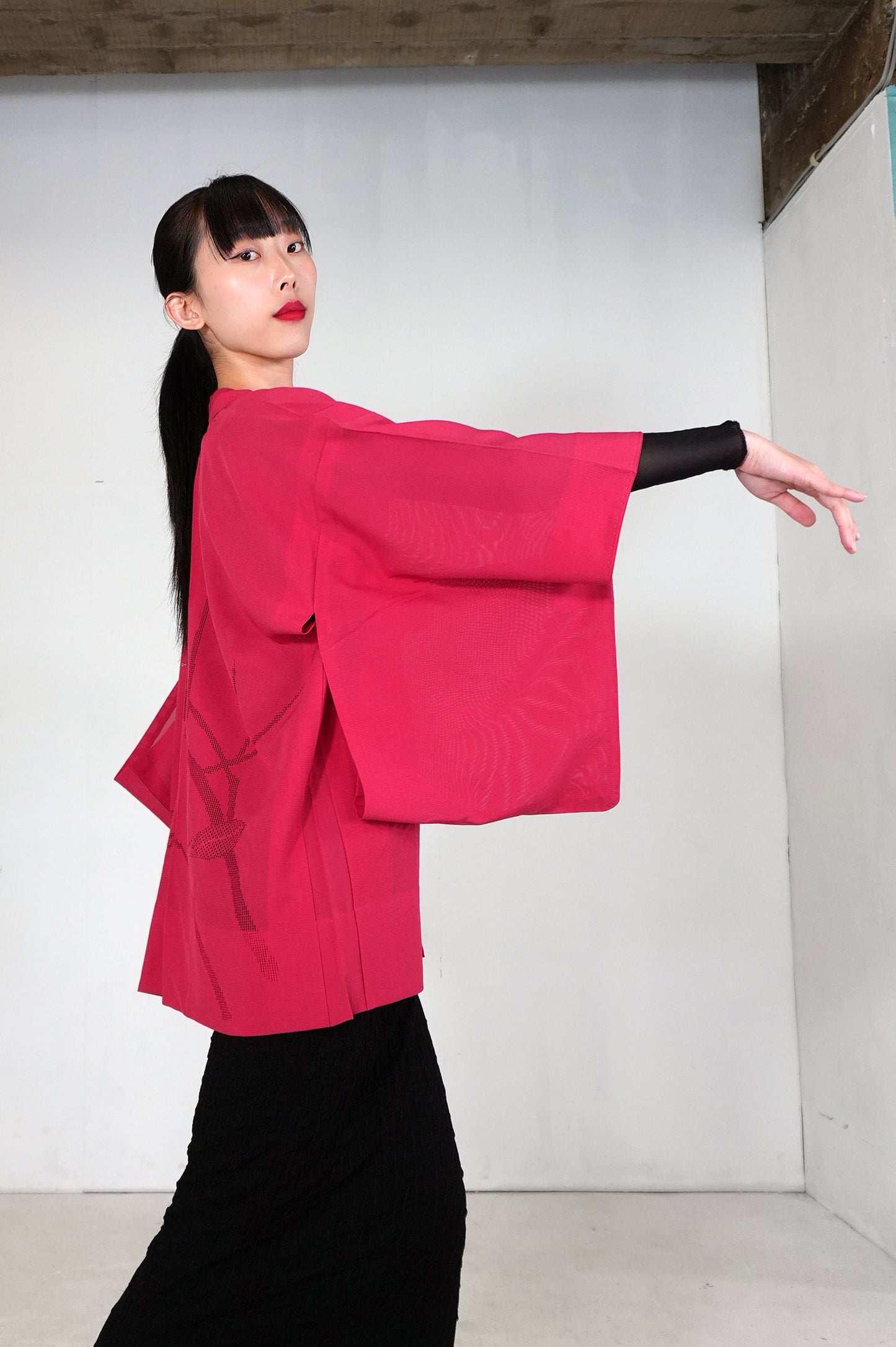 VINTAGE KWAII HAORI SHEER  "ro, aka, SHH028"