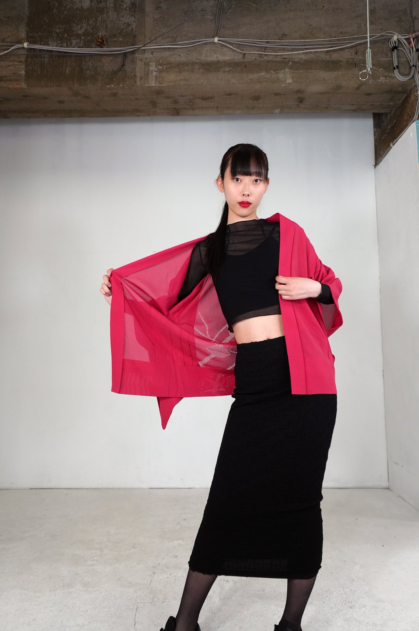 VINTAGE KWAII HAORI SHEER  "ro, aka, SHH028"