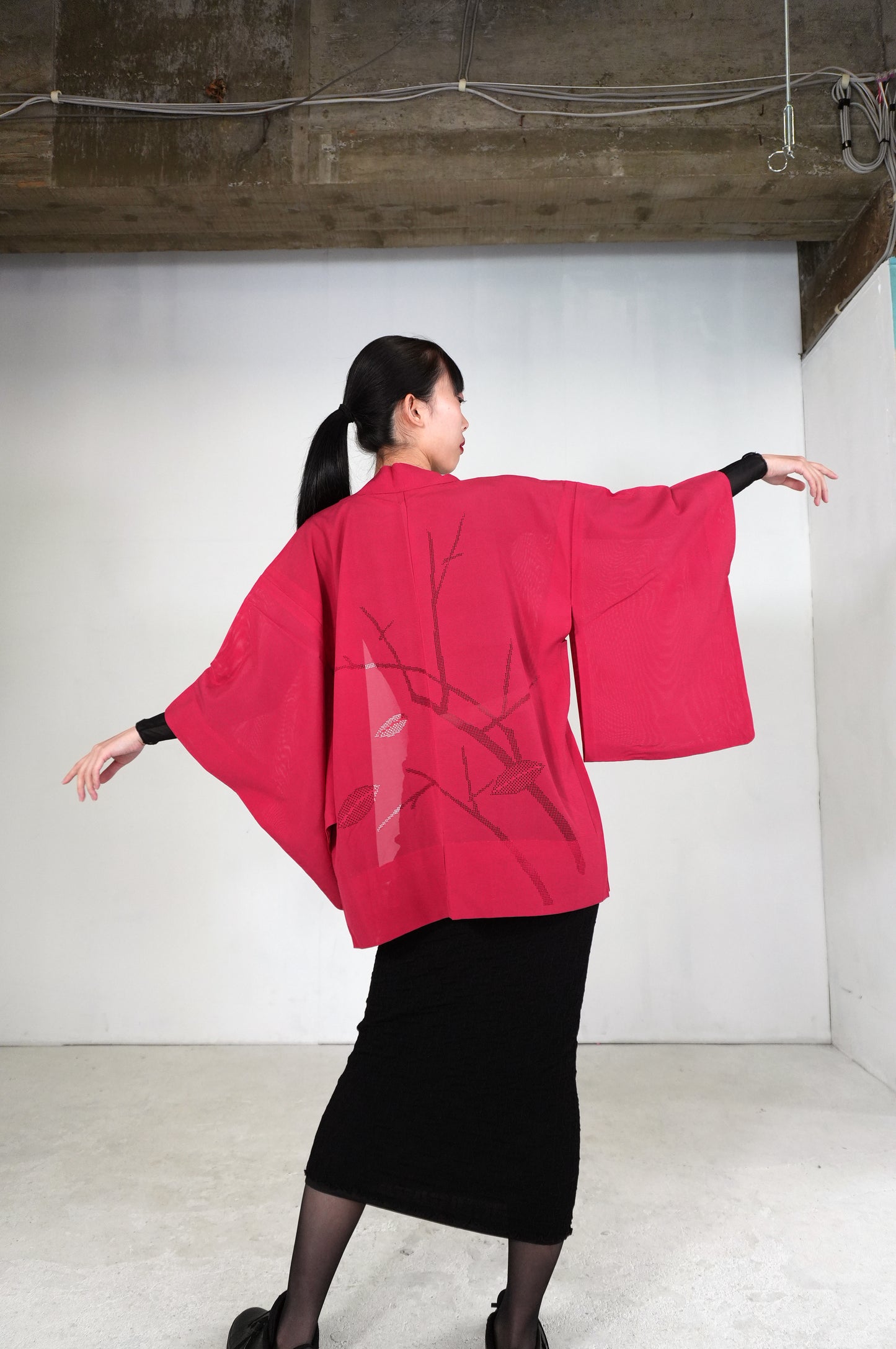 VINTAGE KWAII HAORI SHEER  "ro, aka, SHH028"
