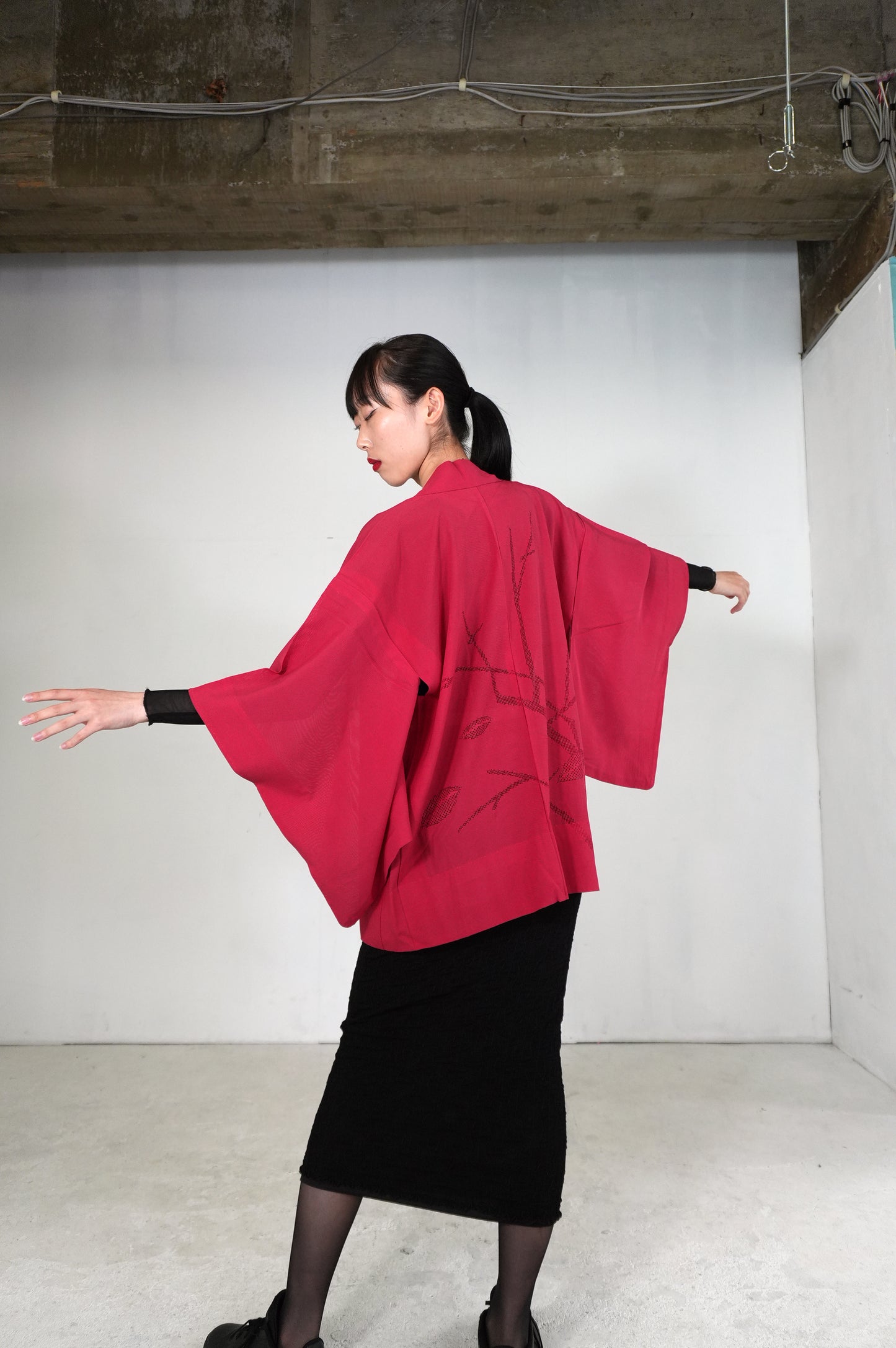VINTAGE KWAII HAORI SHEER  "ro, aka, SHH028"