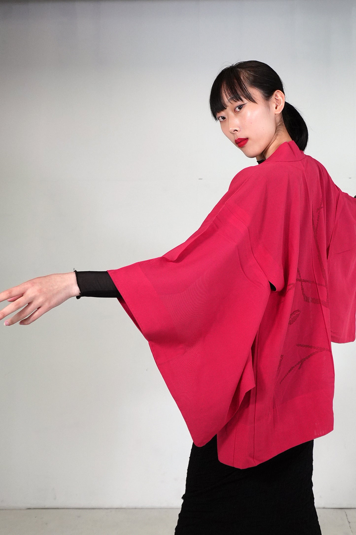 VINTAGE KWAII HAORI SHEER  "ro, aka, SHH028"