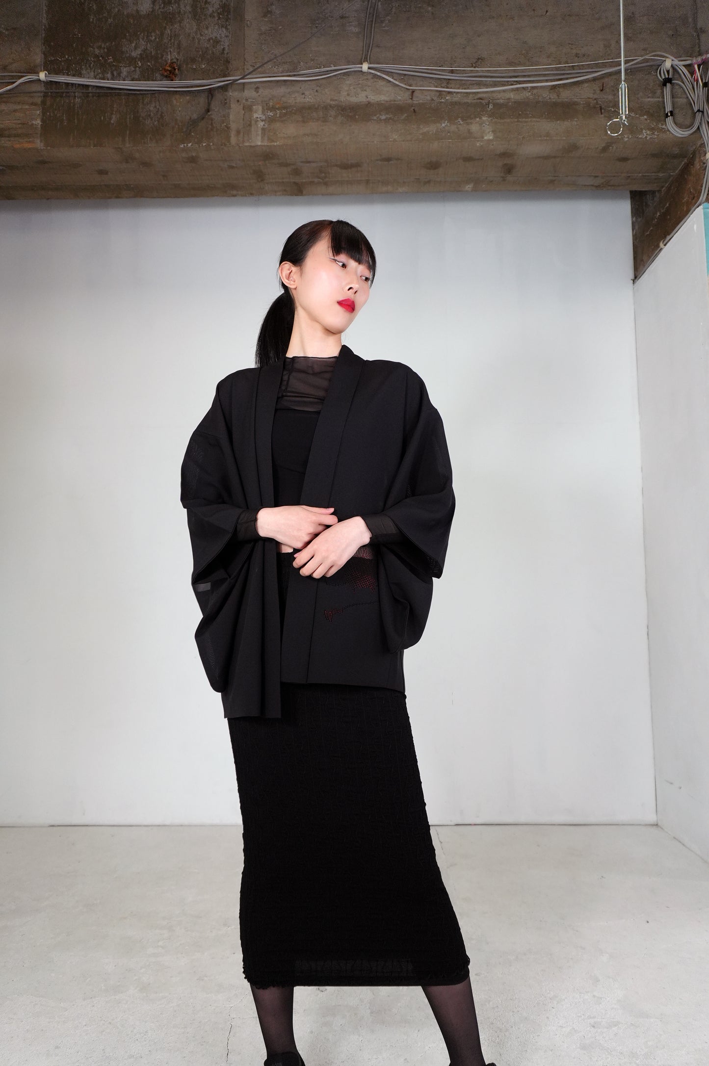 VINTAGE BLACK HAORI SHEER "ro, red, SHH029"