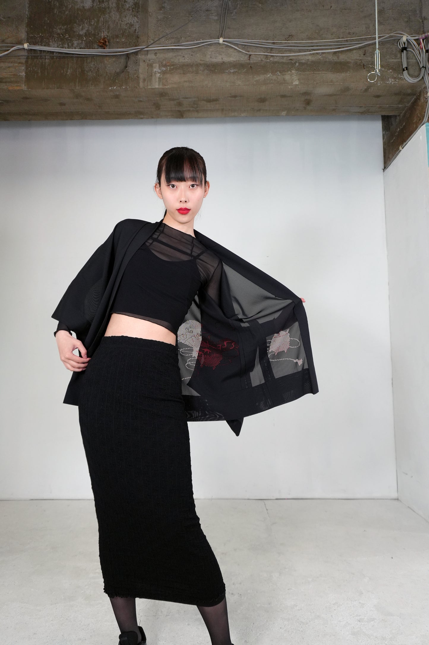 VINTAGE BLACK HAORI SHEER "ro, red, SHH029"