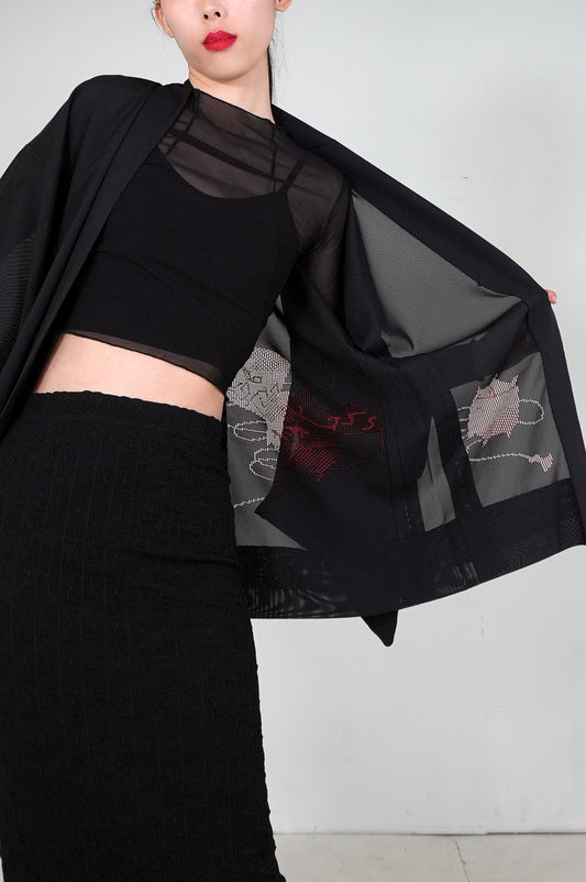 VINTAGE BLACK HAORI SHEER “This fabric is "ro, inside-red, SHH029"