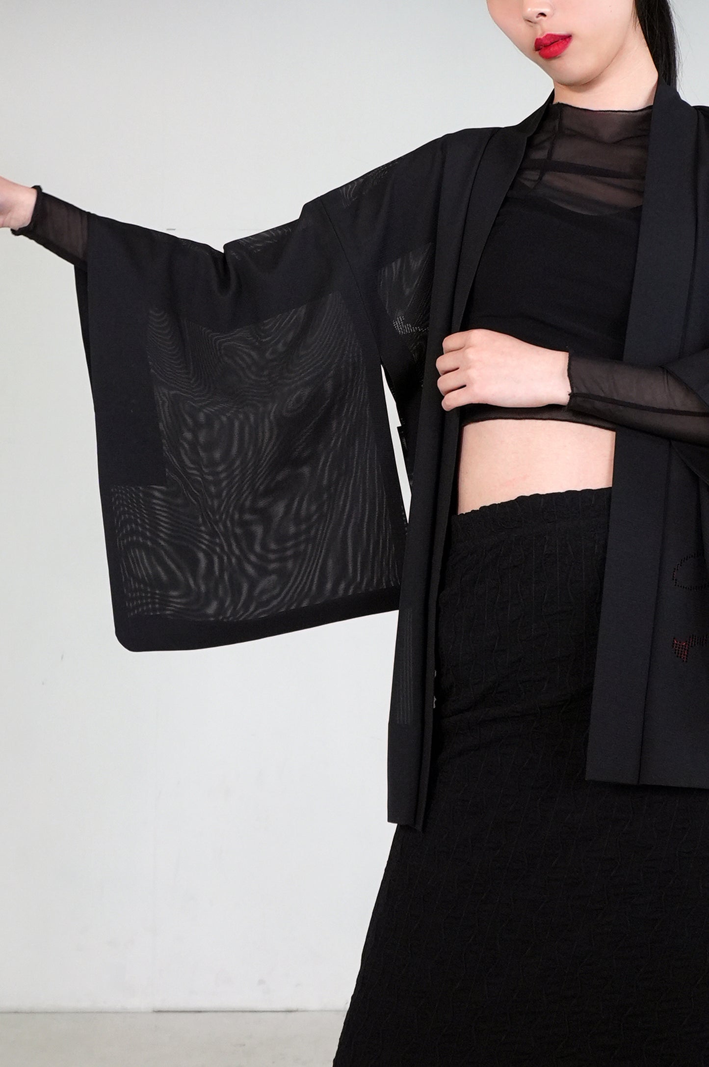 VINTAGE BLACK HAORI SHEER "ro, red, SHH029"