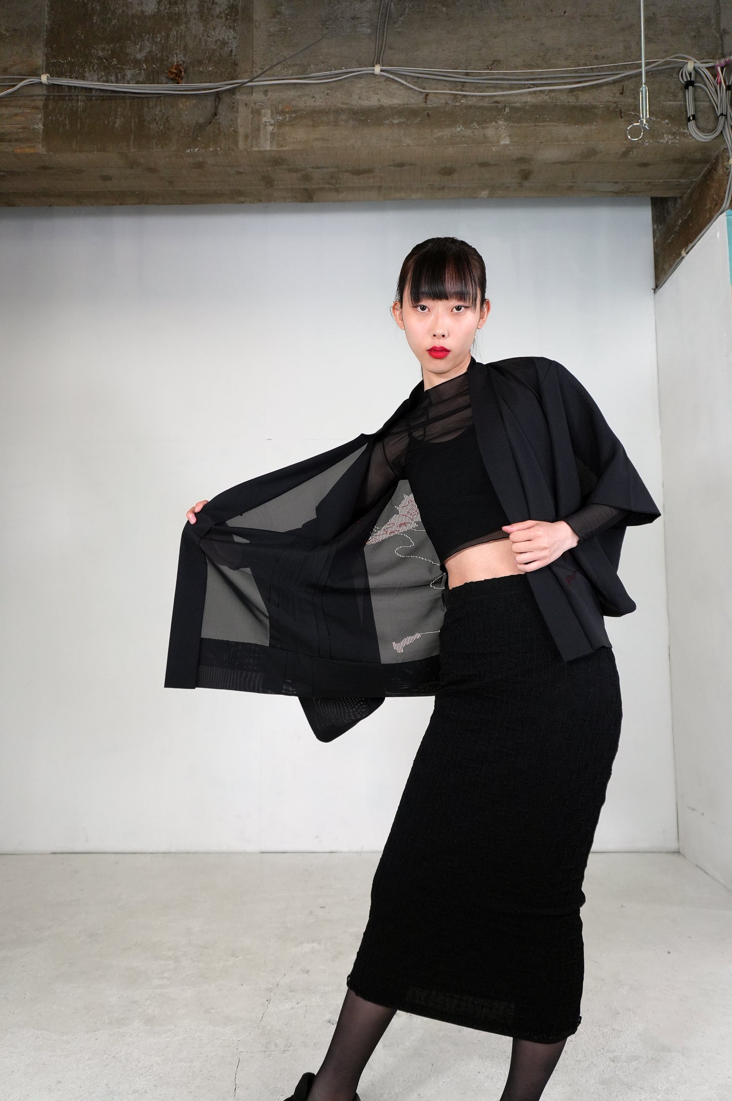 VINTAGE BLACK HAORI SHEER "ro, red, SHH029"