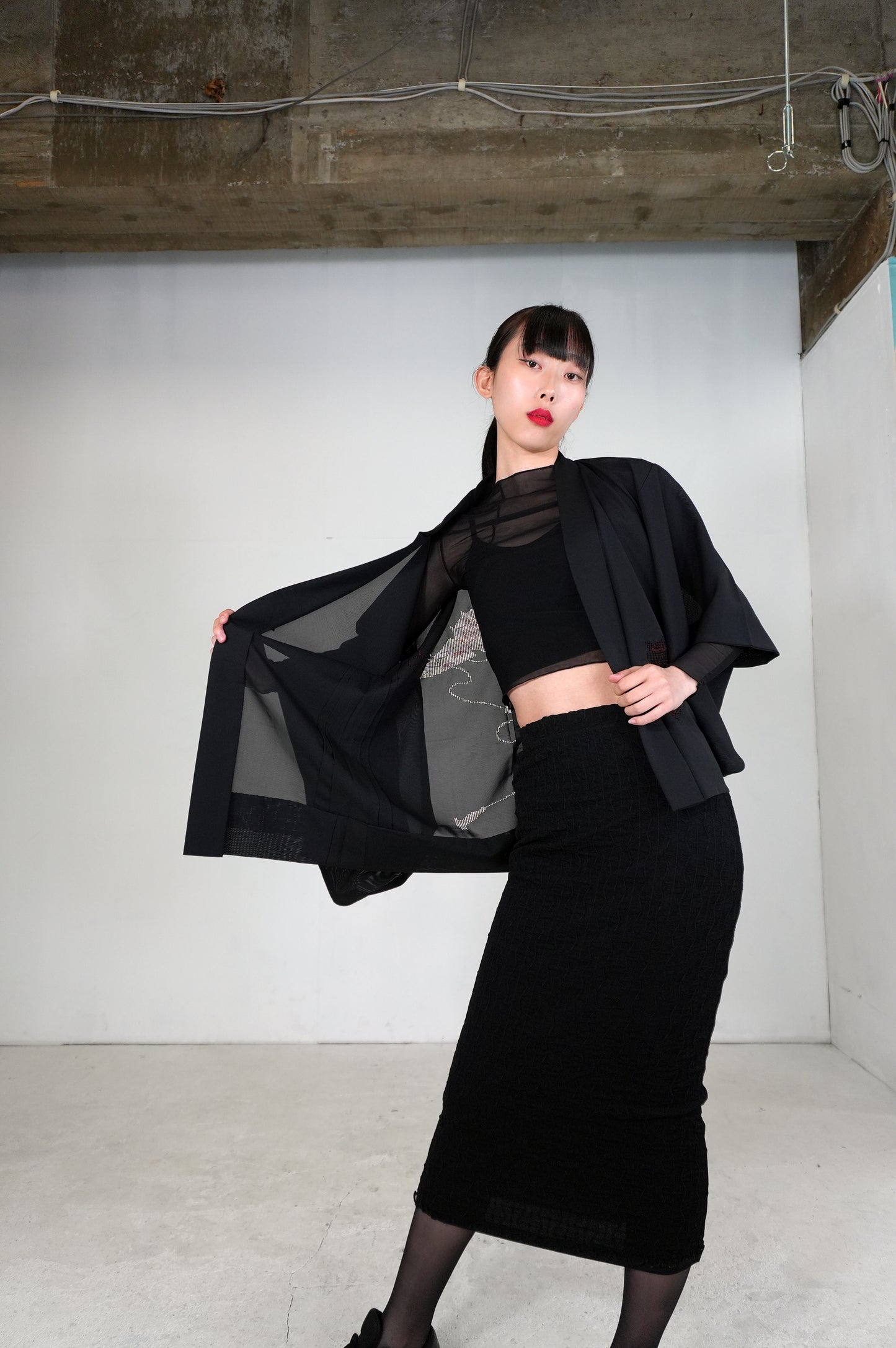 VINTAGE BLACK HAORI SHEER "ro, red, SHH029"