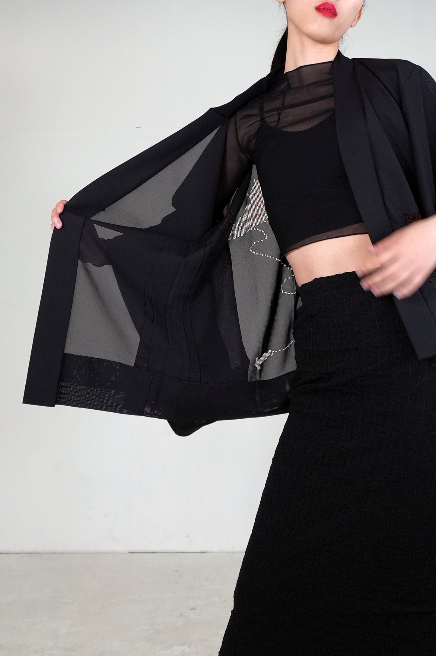 VINTAGE BLACK HAORI SHEER "ro, red, SHH029"