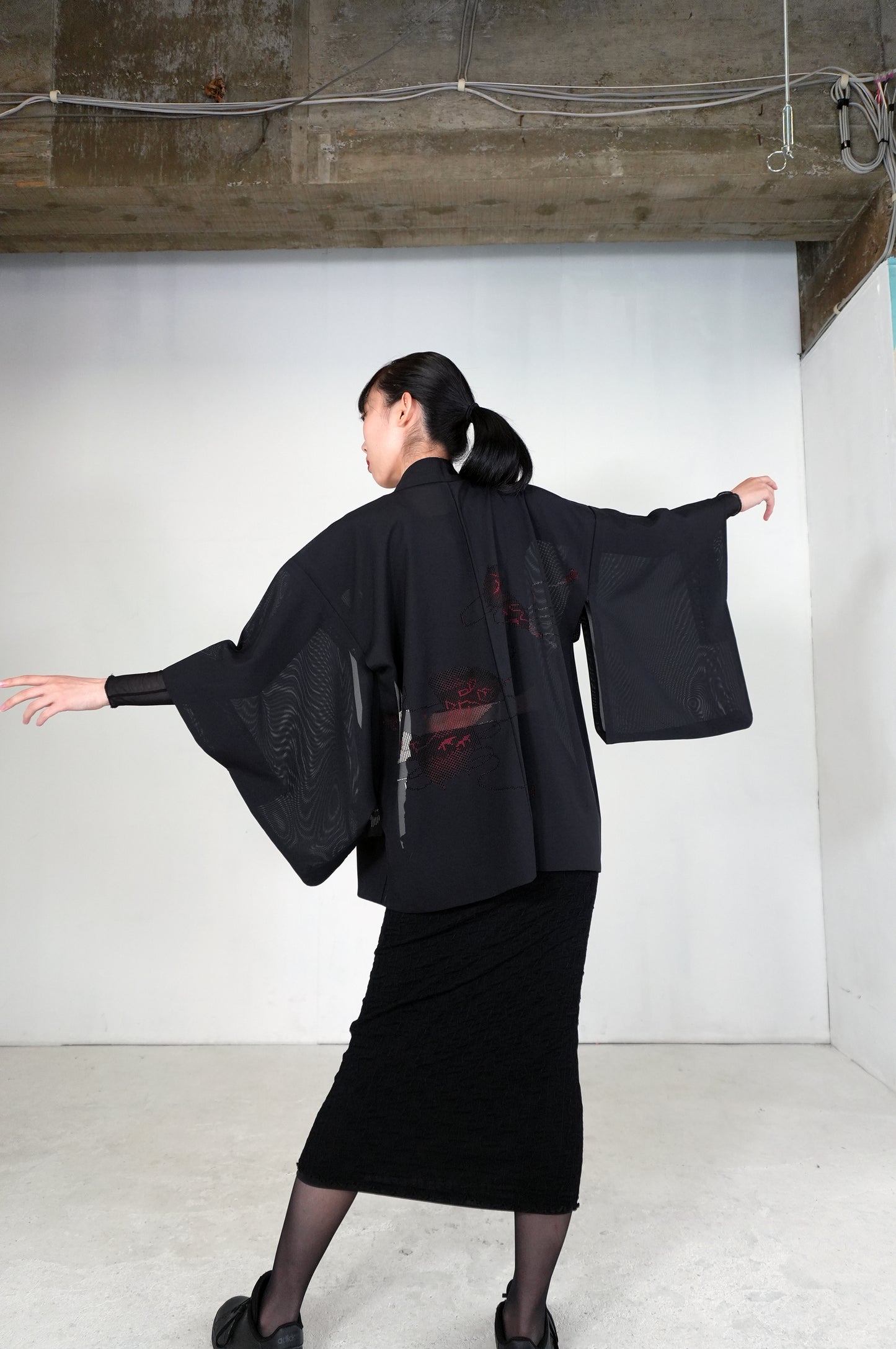 VINTAGE BLACK HAORI SHEER "ro, red, SHH029"